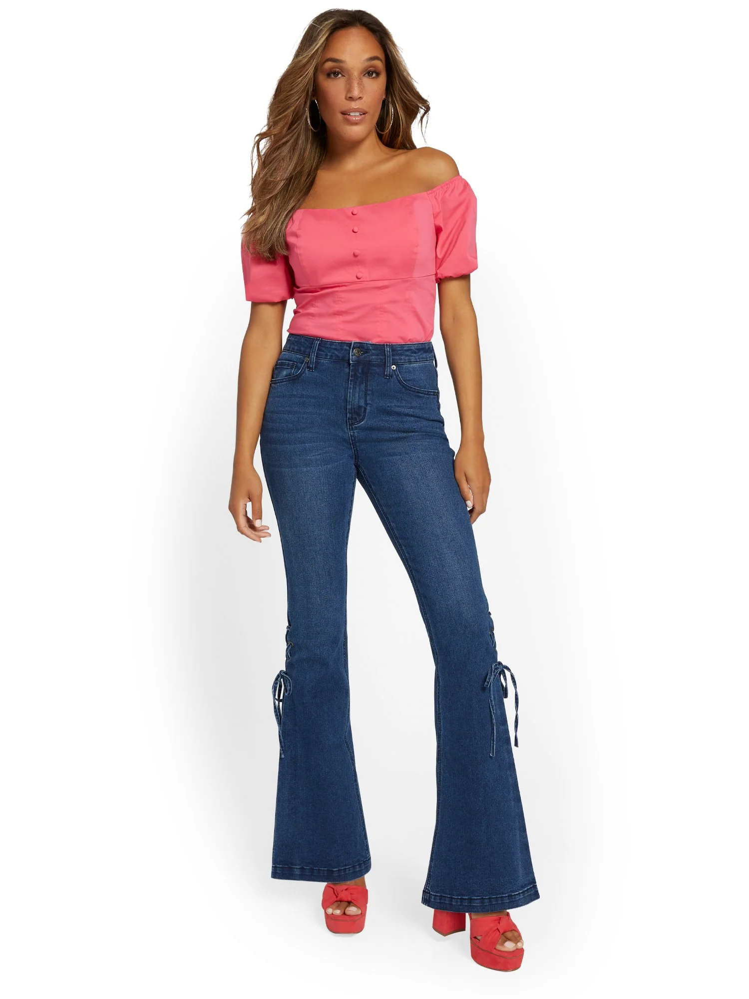 High-Waisted Lace-Up Bootcut Jeans - Dark Wash - Image 5