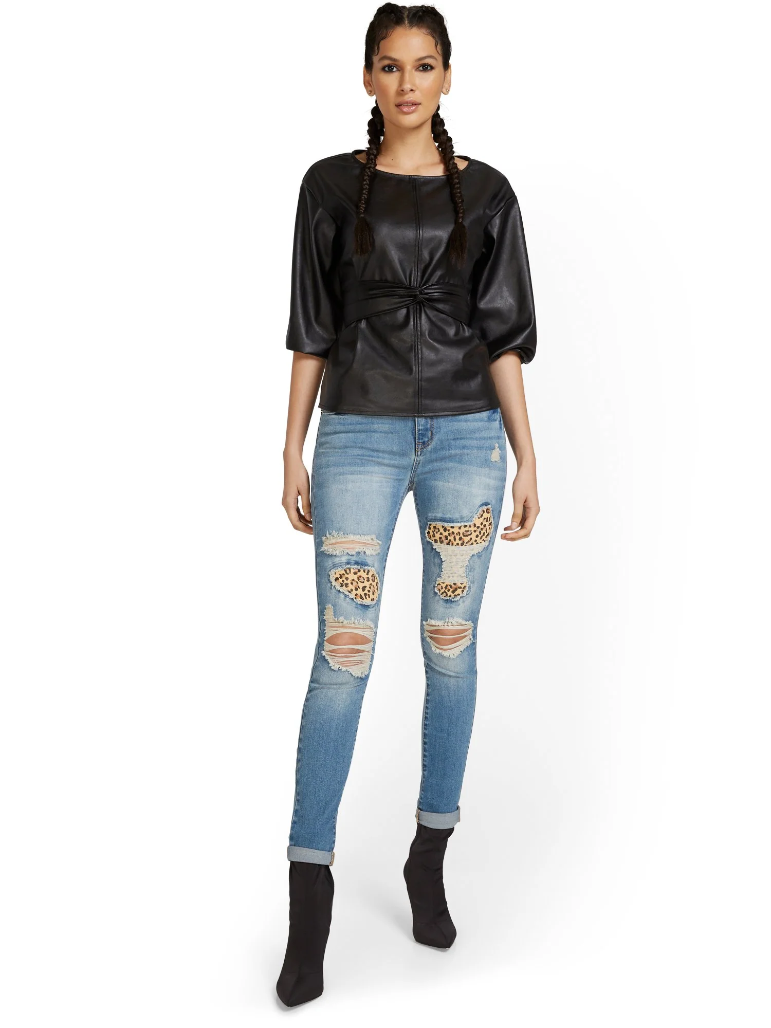 High-Waisted Leopard-Inset Distressed Super-Skinny Jeans - Image 4