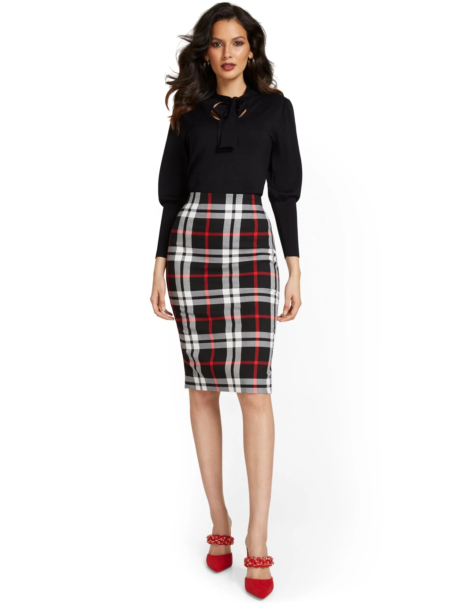 High-Waisted Plaid Pencil Skirt - Image 4