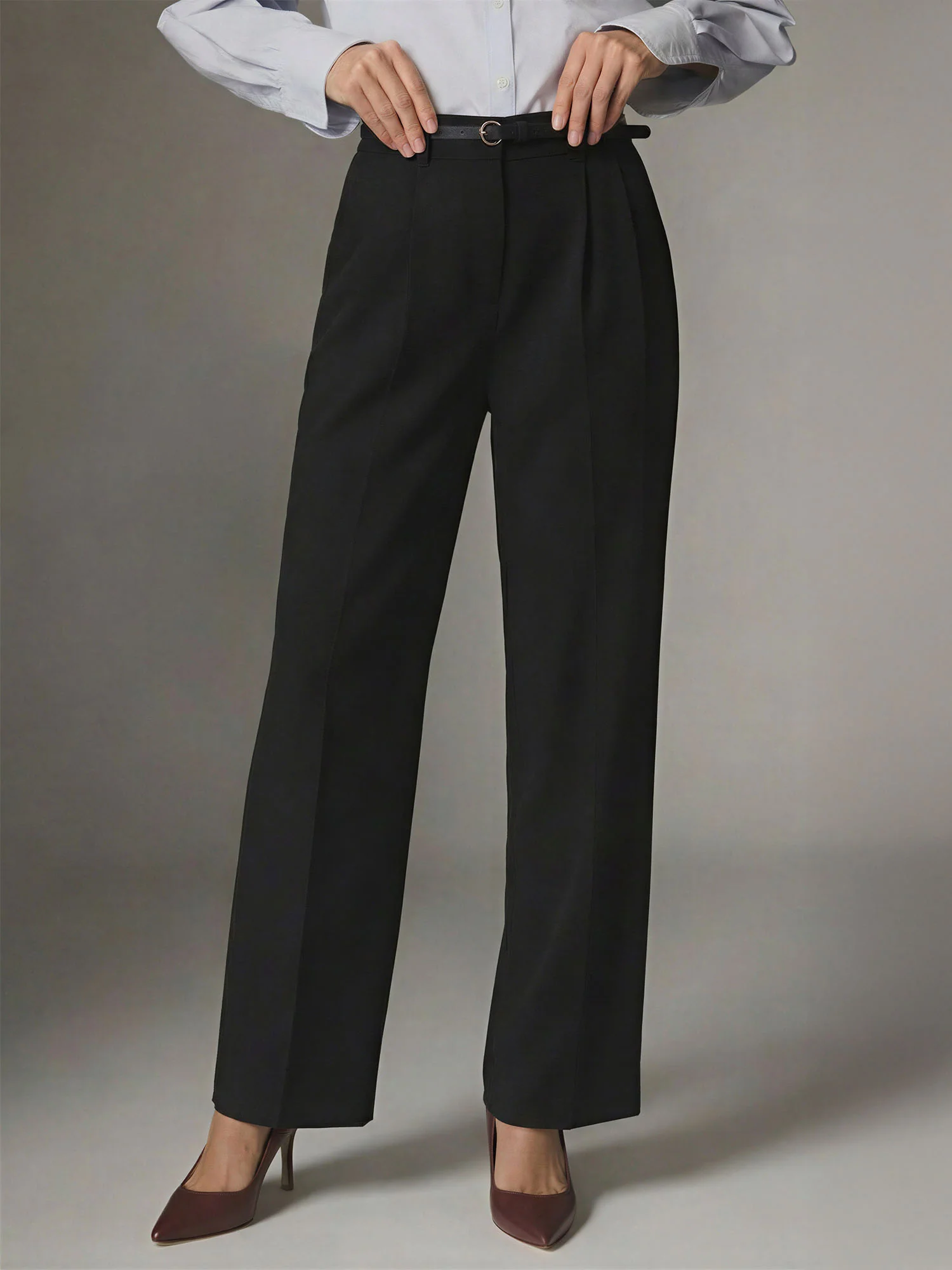 High Waisted Pleated Elastic Back Waist Straight Leg Pants - Image 3
