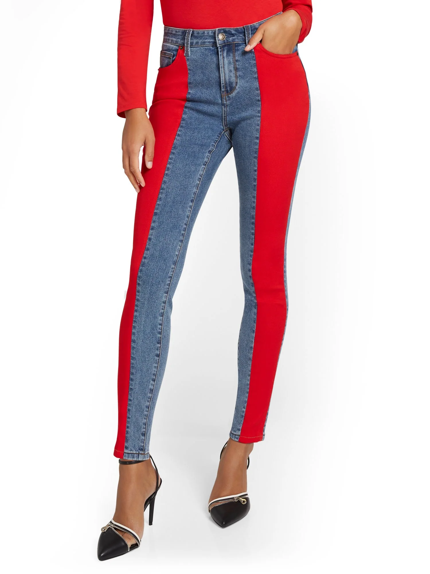 High-Waisted Red Colorblock Skinny Ankle Jeans - Image 2