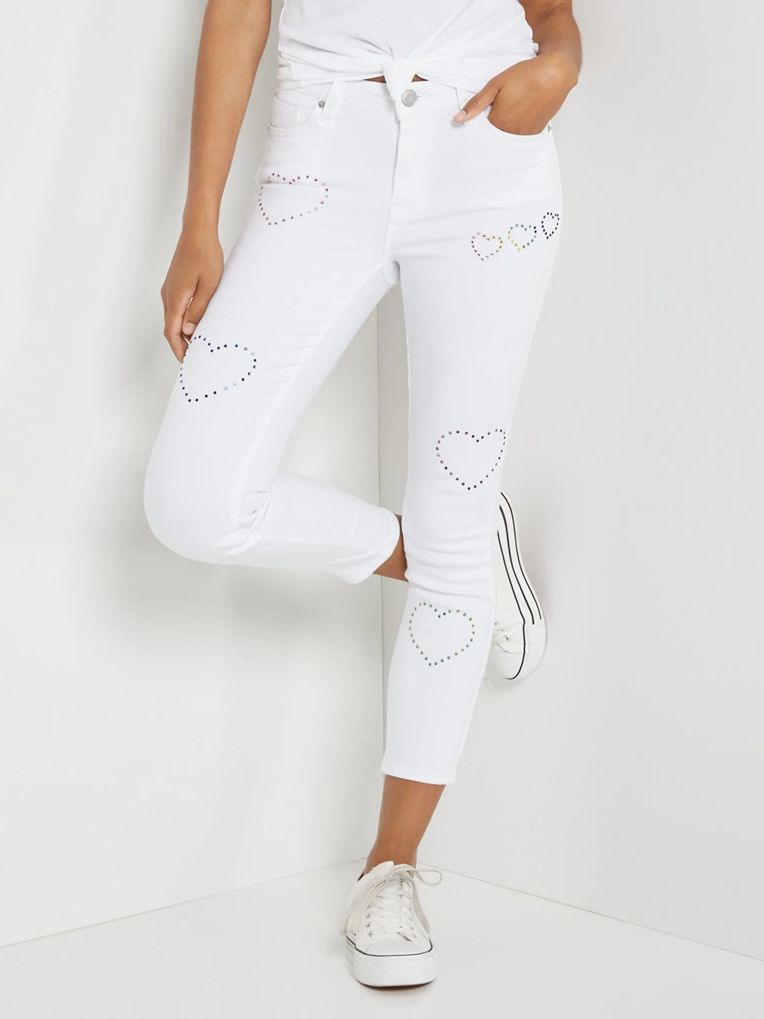 High-Waisted Rhinestone Heart Skinny Ankle Jeans - Image 2
