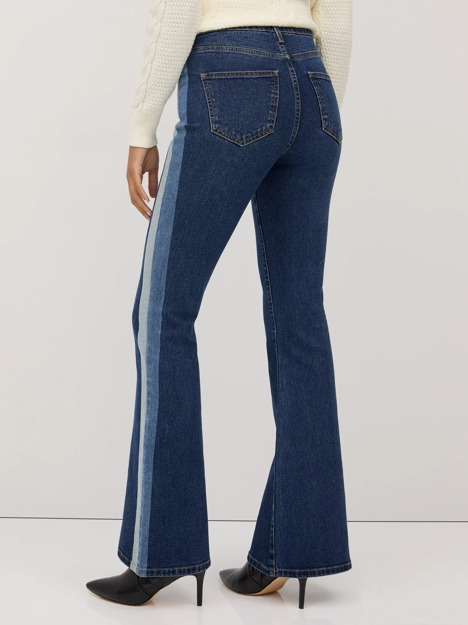 High-Waisted Side-Stripe Flare Jeans - Dark Wash - Image 3