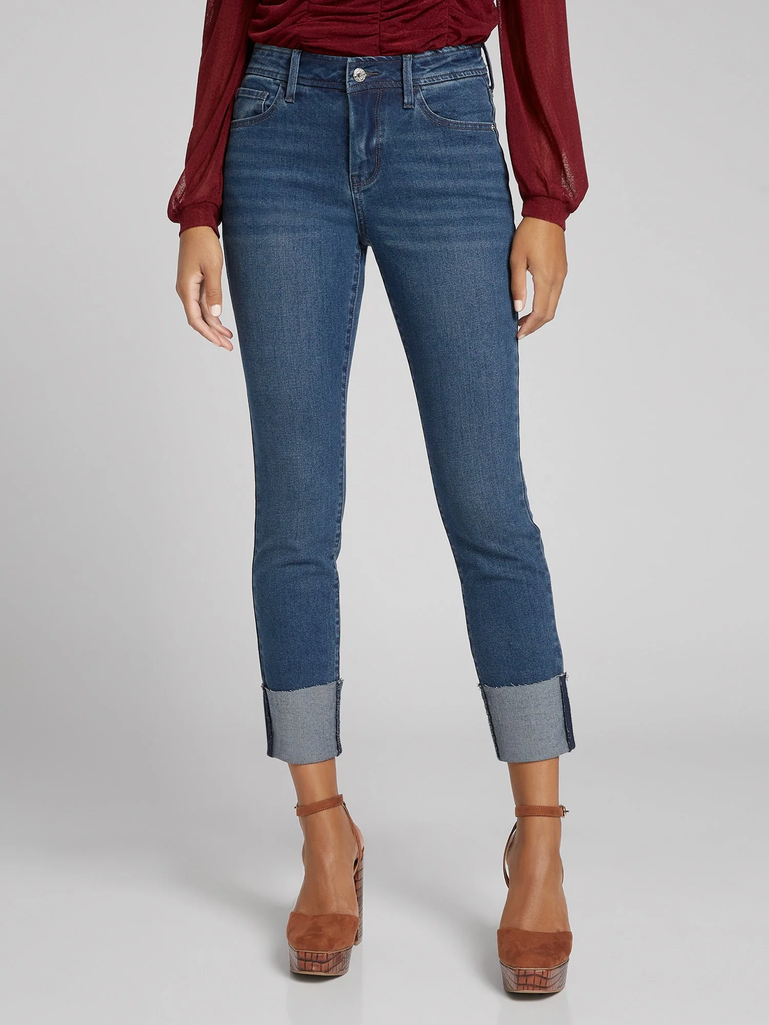 High-Waisted Wide-Cuff Super-Skinny Jeans - Dark Wash - Image 5