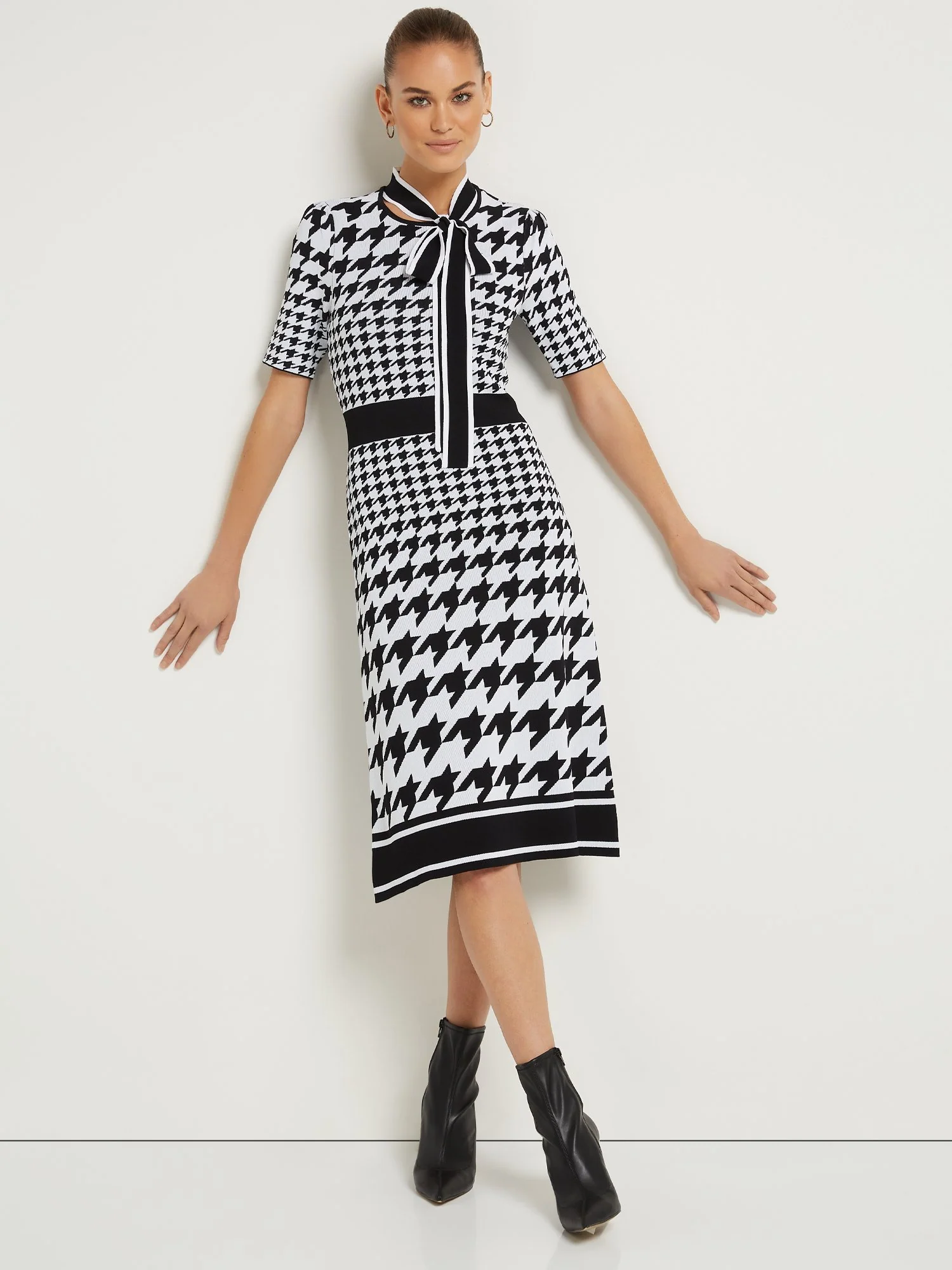 Houndstooth Bow-Neck Sweater Dress - Image 2