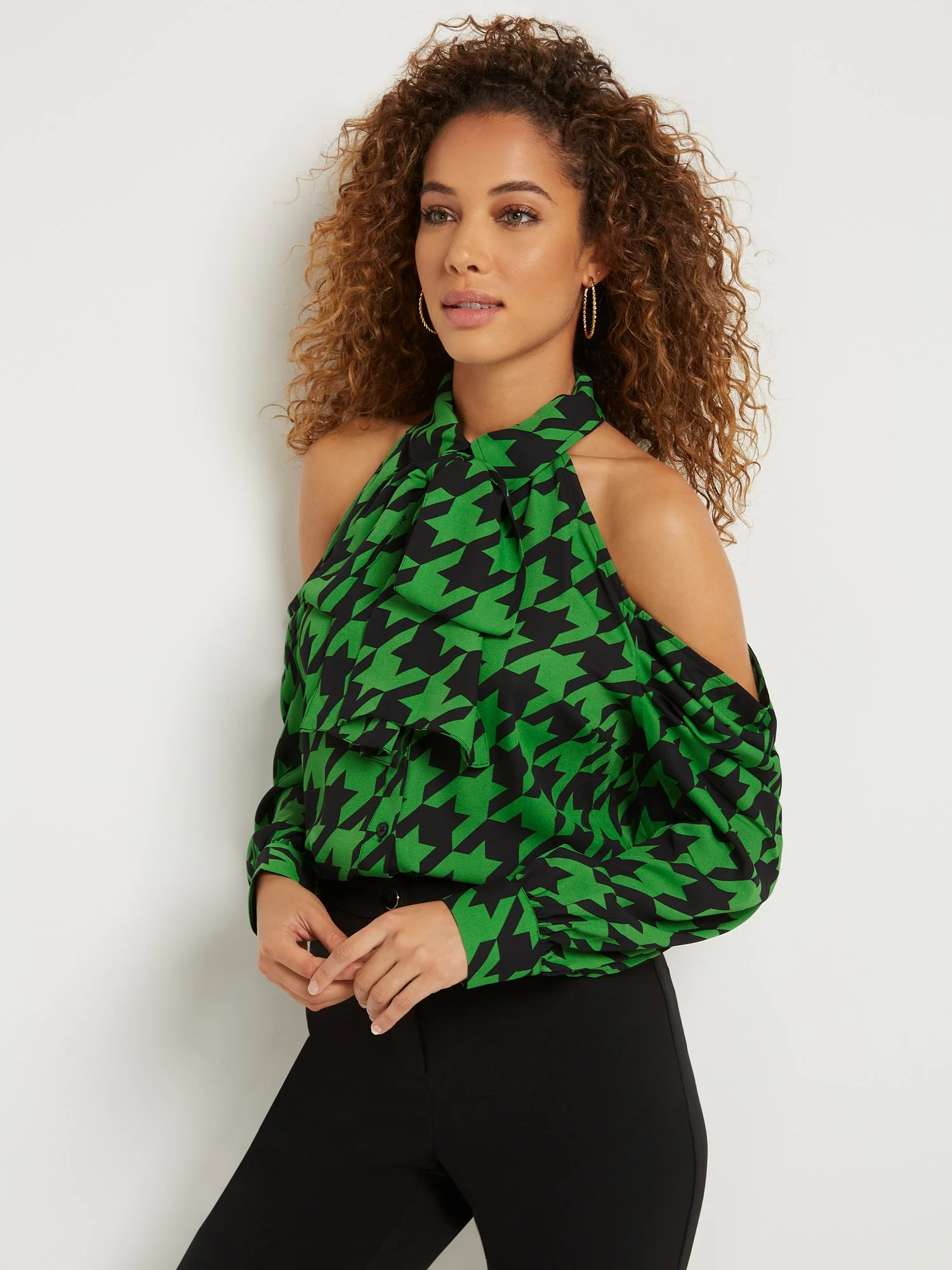 Houndstooth Cold-Shoulder Bow-Neck Blouse