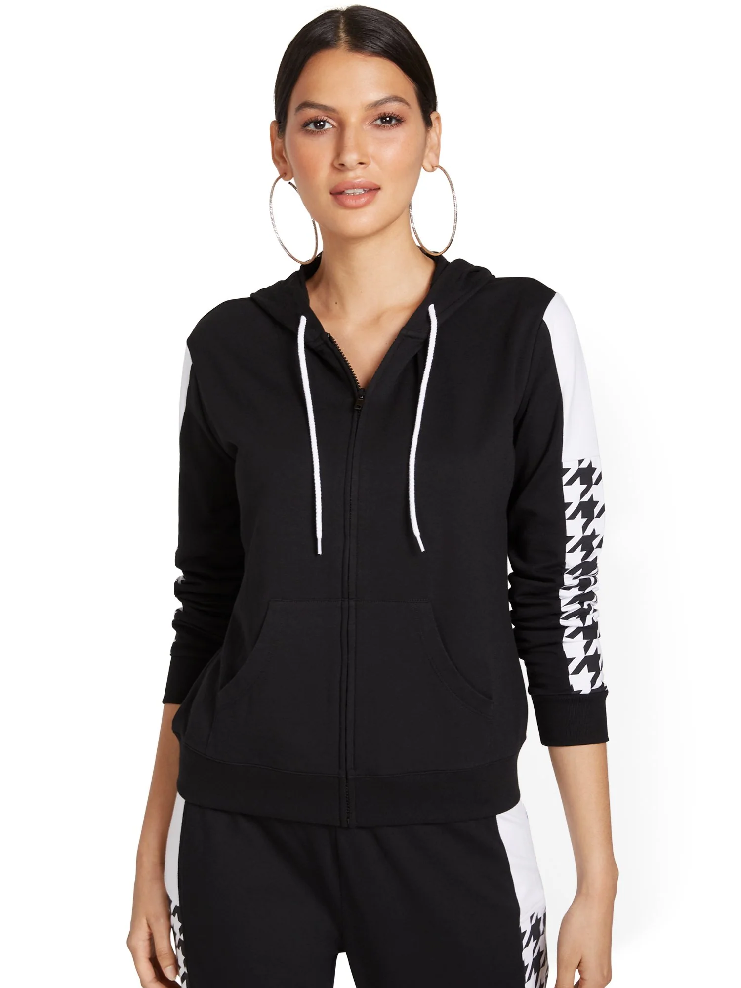 Houndstooth Colorblock French Terry Zip-Front Hoodie - Image 2