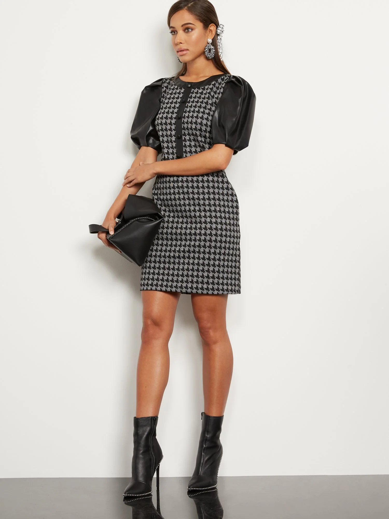 Houndstooth Faux Leather-Trim Sheath Dress