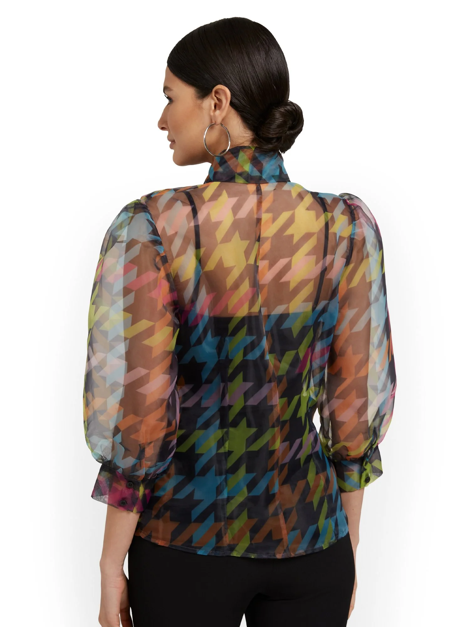 Houndstooth Organza Bow-Neck Blouse - Image 3