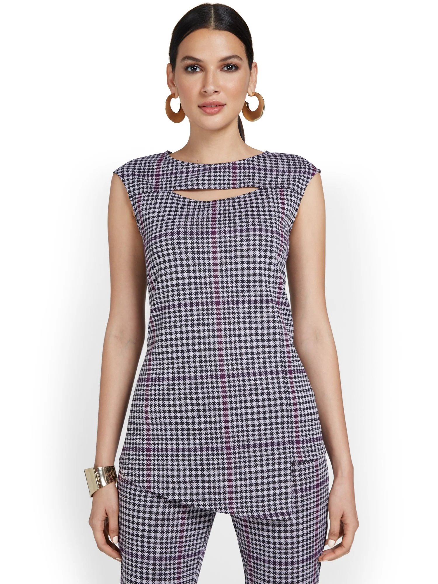 Houndstooth-Print Asymmetric-Hem Top