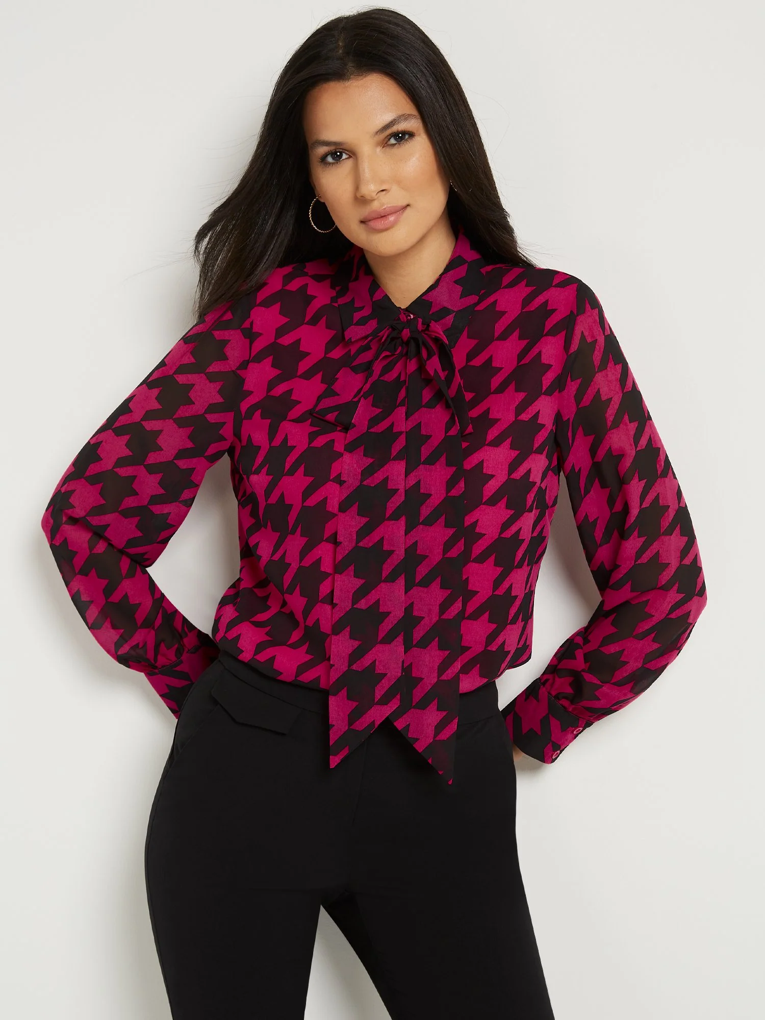 Houndstooth Tie-Neck Blouse - Image 2