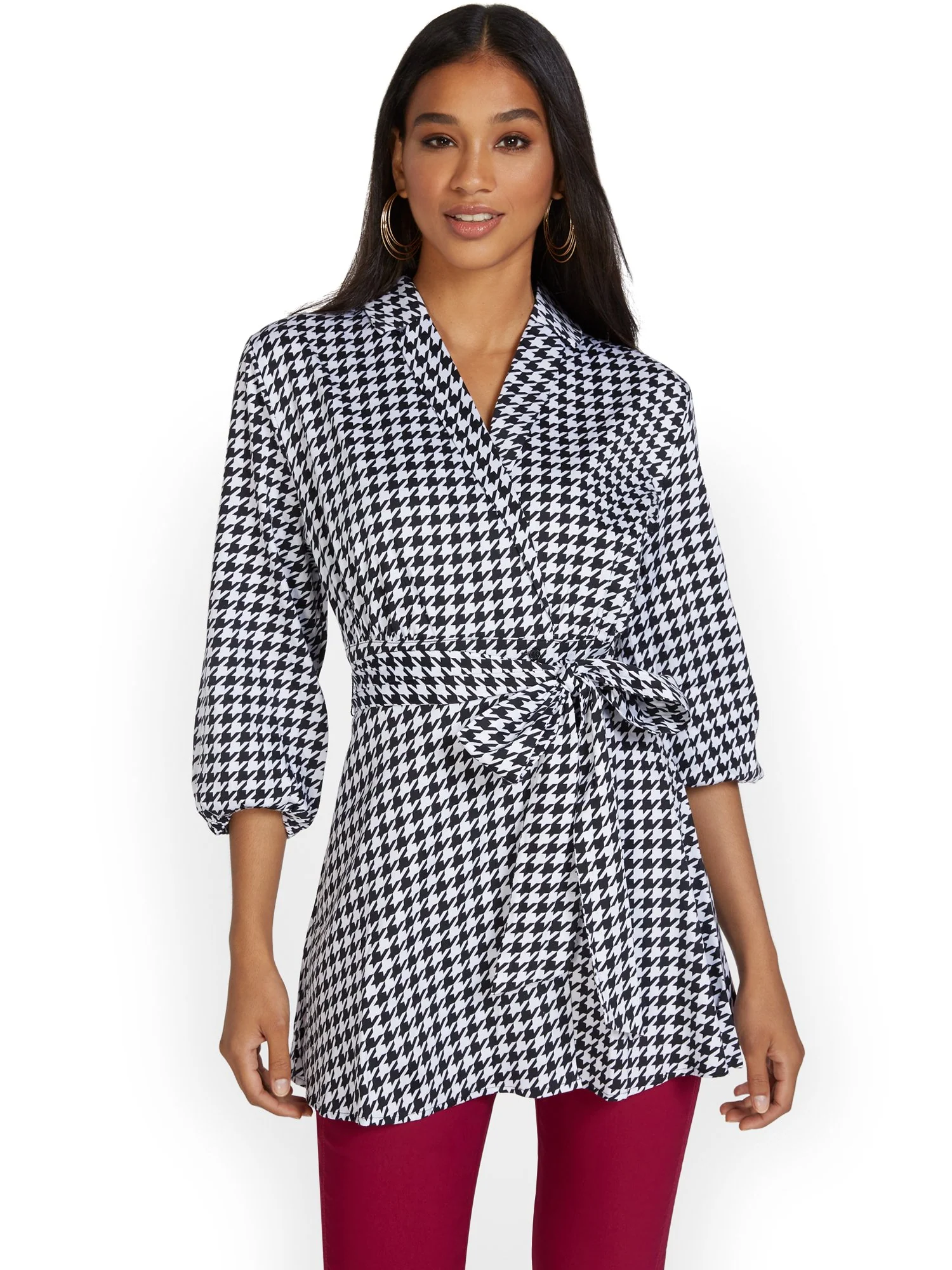 Houndstooth Tie-Waist Tunic Top - Image 2
