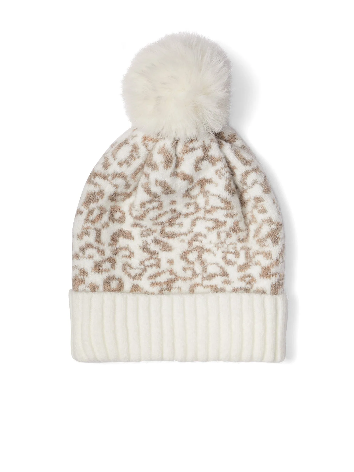 Ivory Leopard-Print Pom-Pom Knit Hat