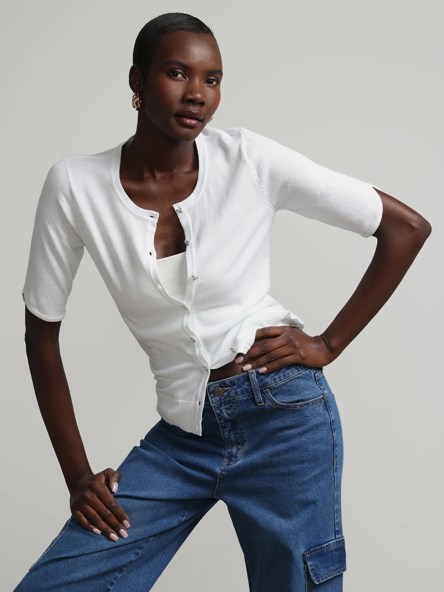 Jeweled-Button Chelsea Crewneck Cardigan - Image 6
