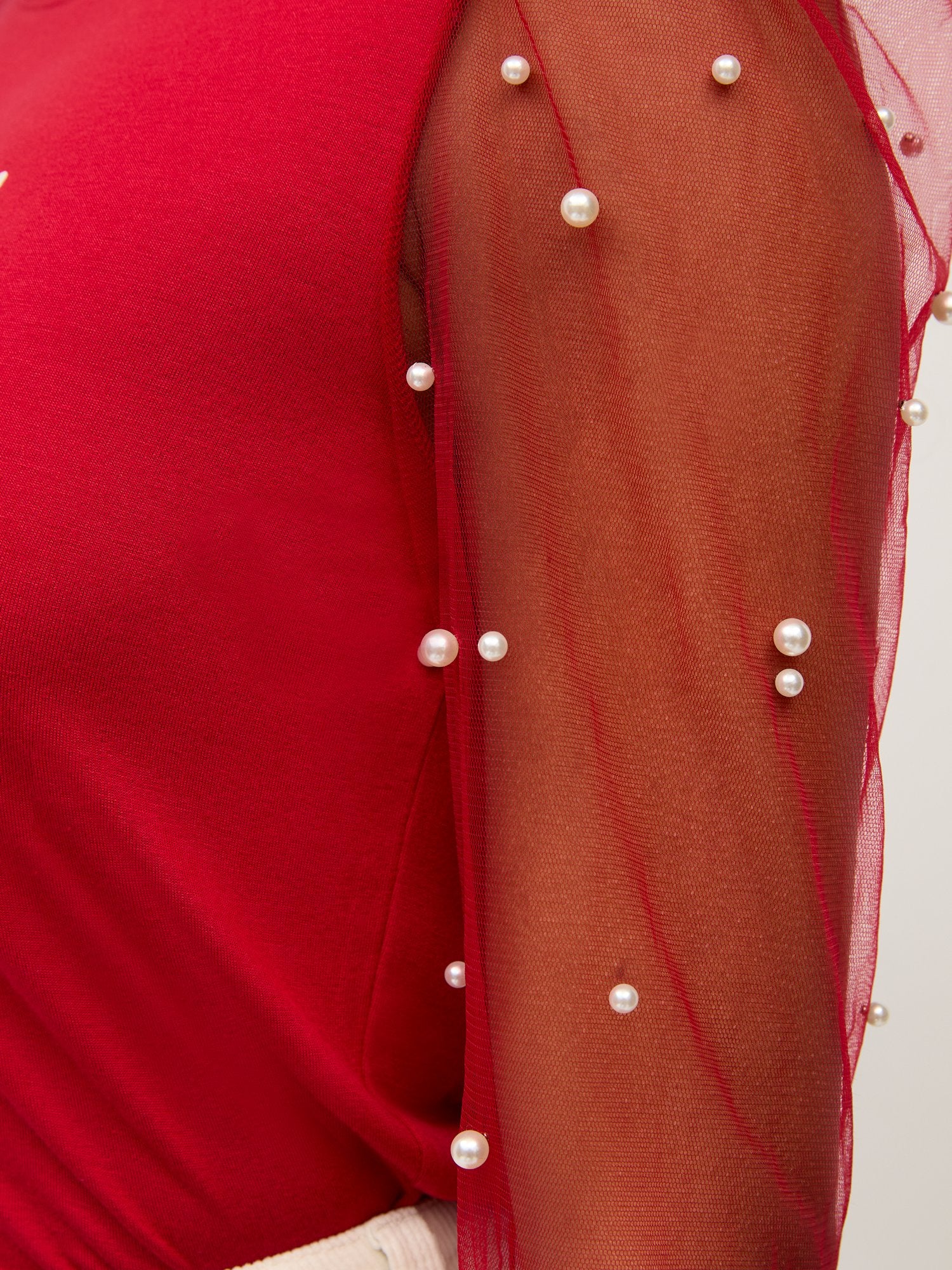 Joy Pearl-Embellished Mesh-Sleeve Top - Image 4