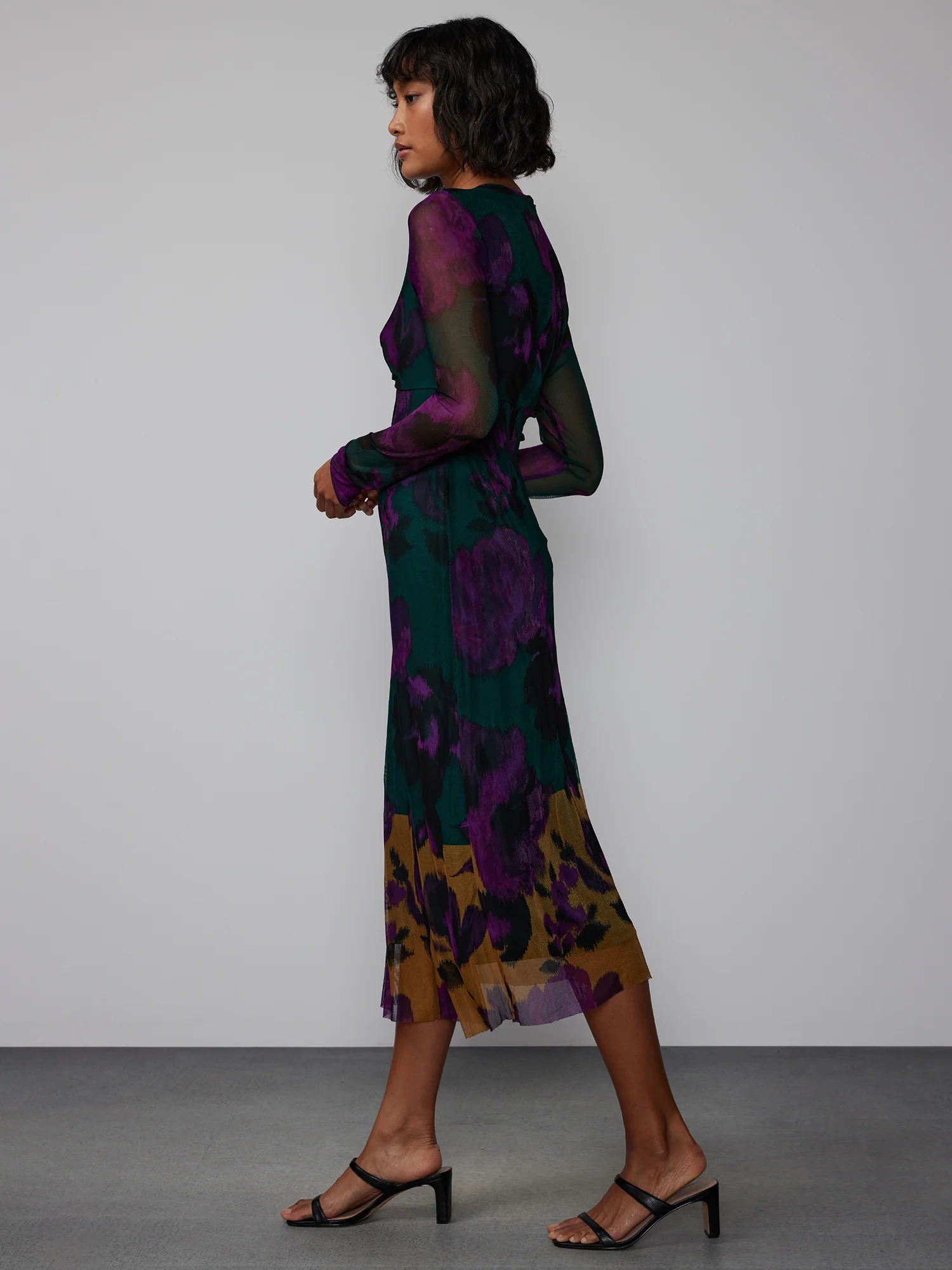 Long Sleeve Watercolor Floral Mesh Dress - Image 2