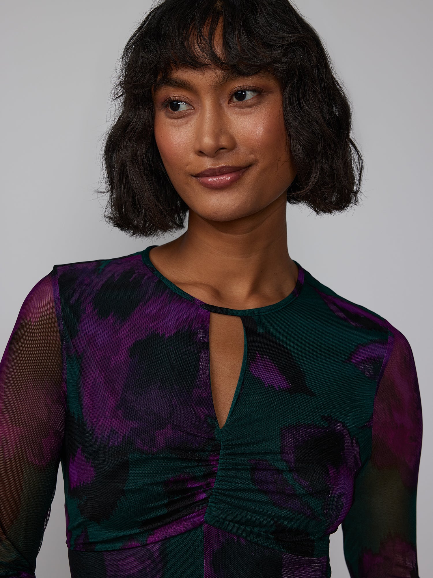 Long Sleeve Watercolor Floral Mesh Dress - Image 4