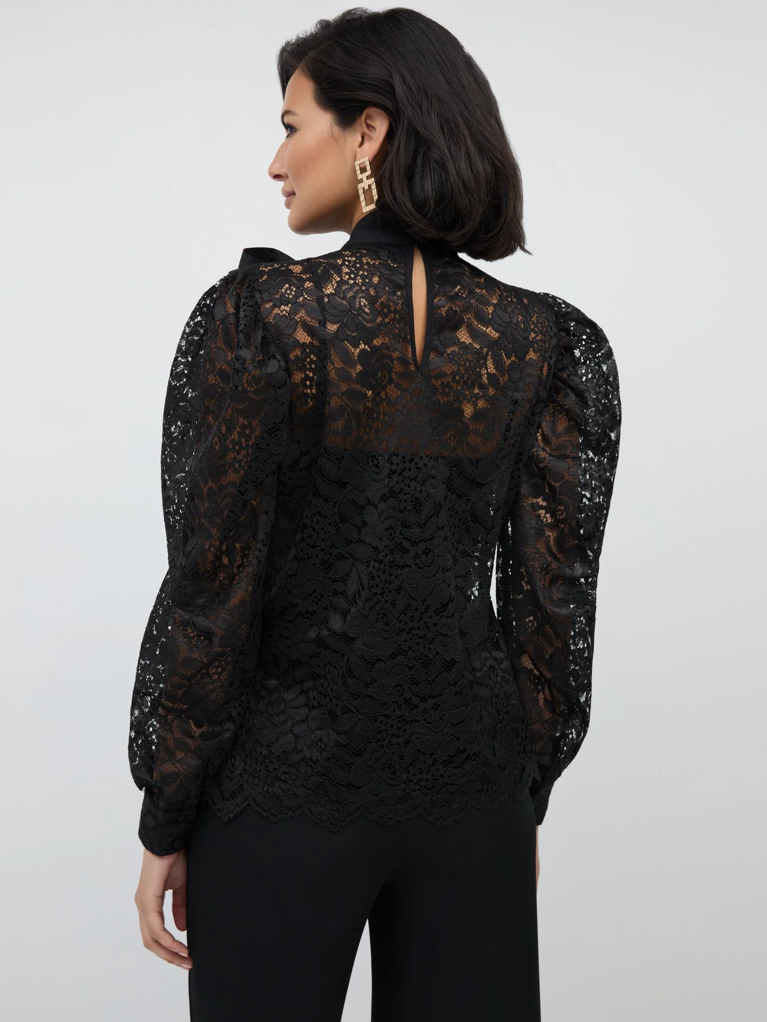 Lace Bow-Neck Puff-Sleeve Top - Image 3