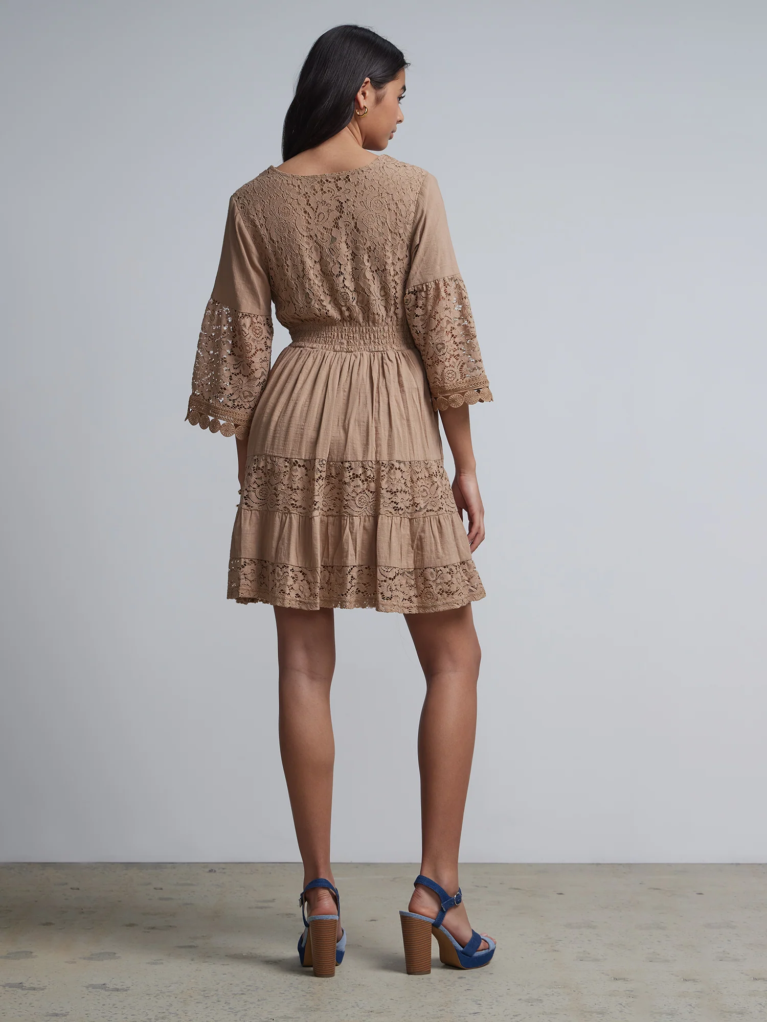 Lace-Trim Bell-Sleeve Flare Dress - Image 3