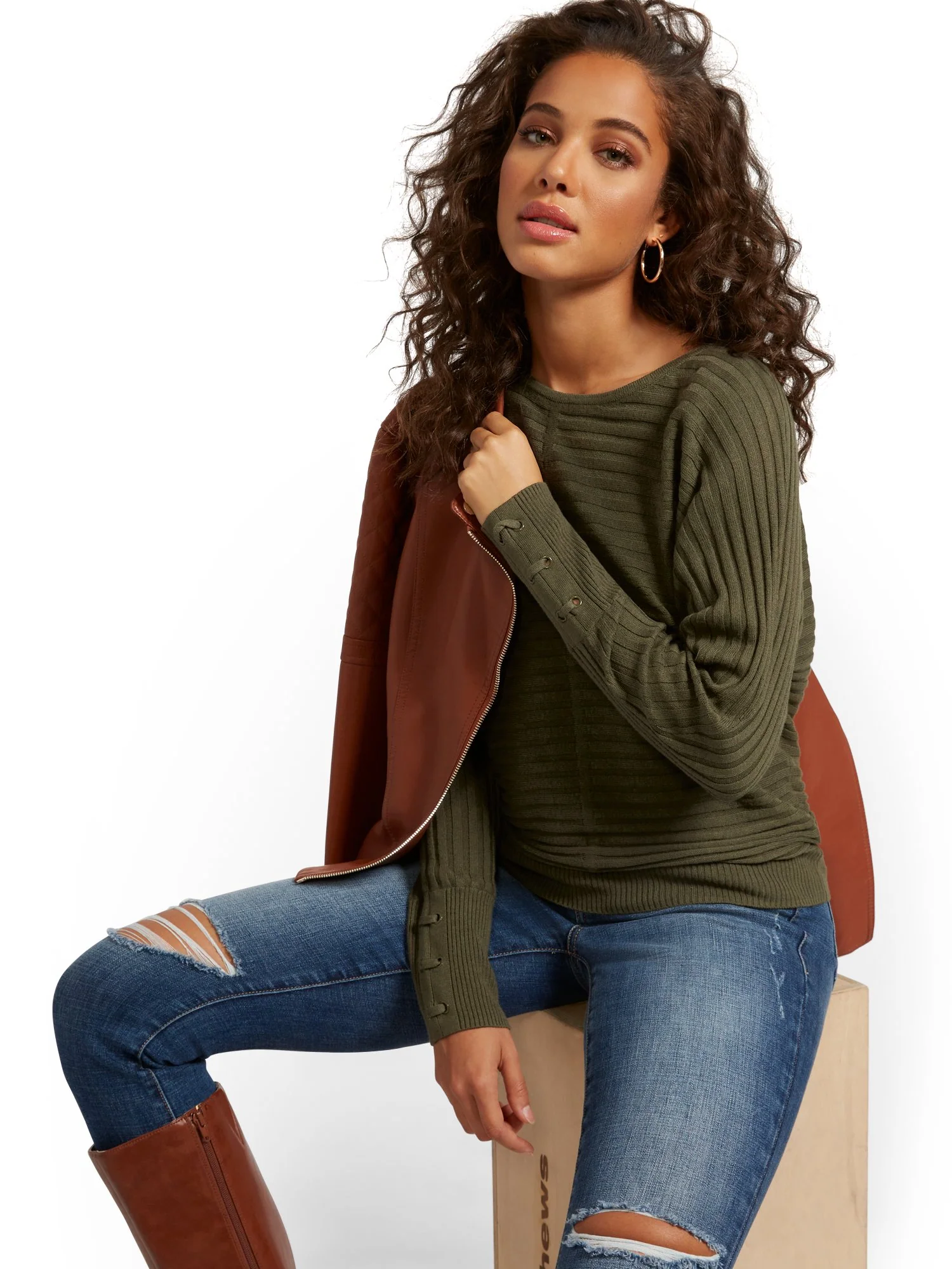 Lace-Up Cuff Dolman Sweater - Image 13