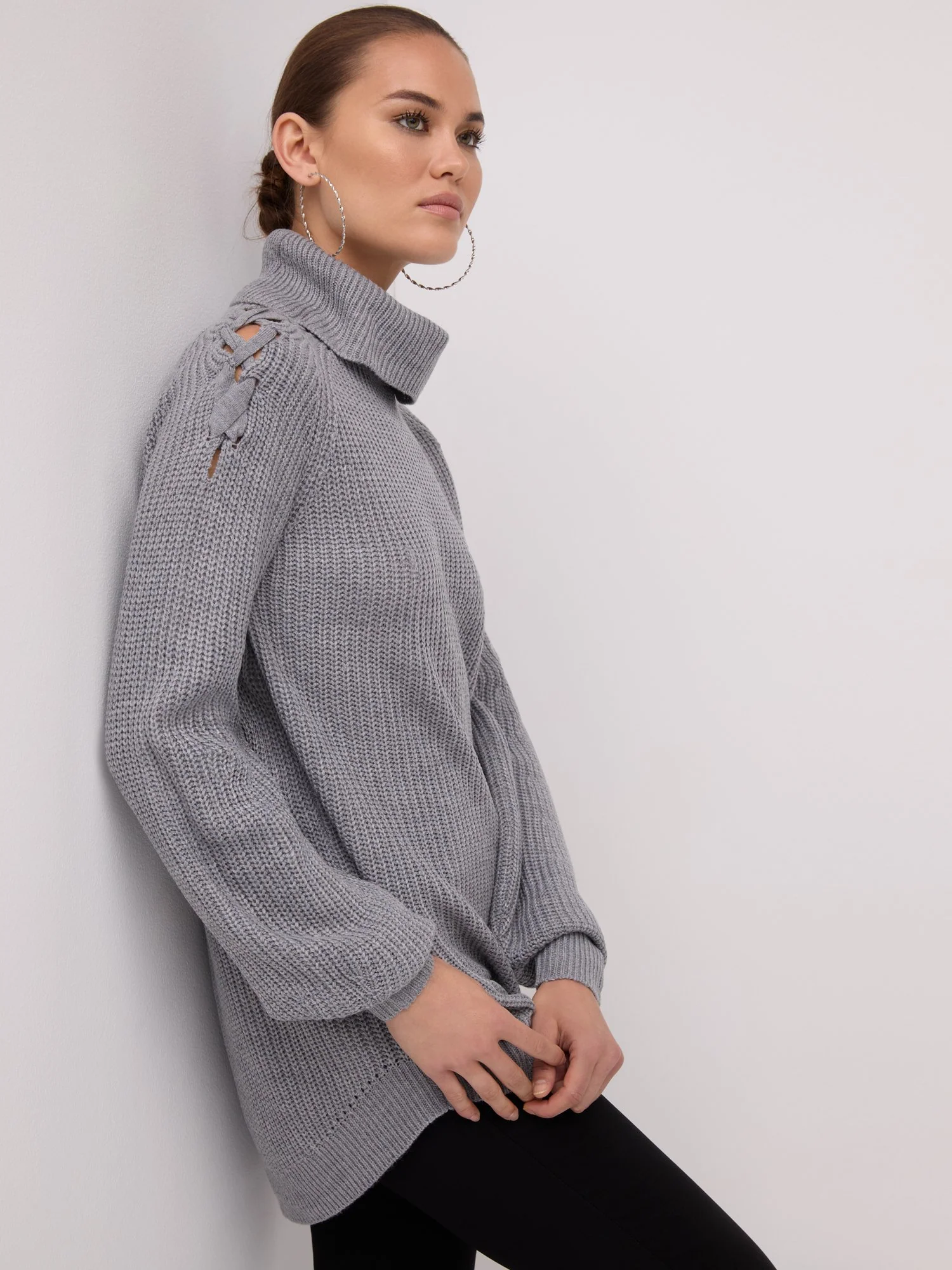 Lattice-Shoulder Turtleneck Tunic Sweater - Image 9