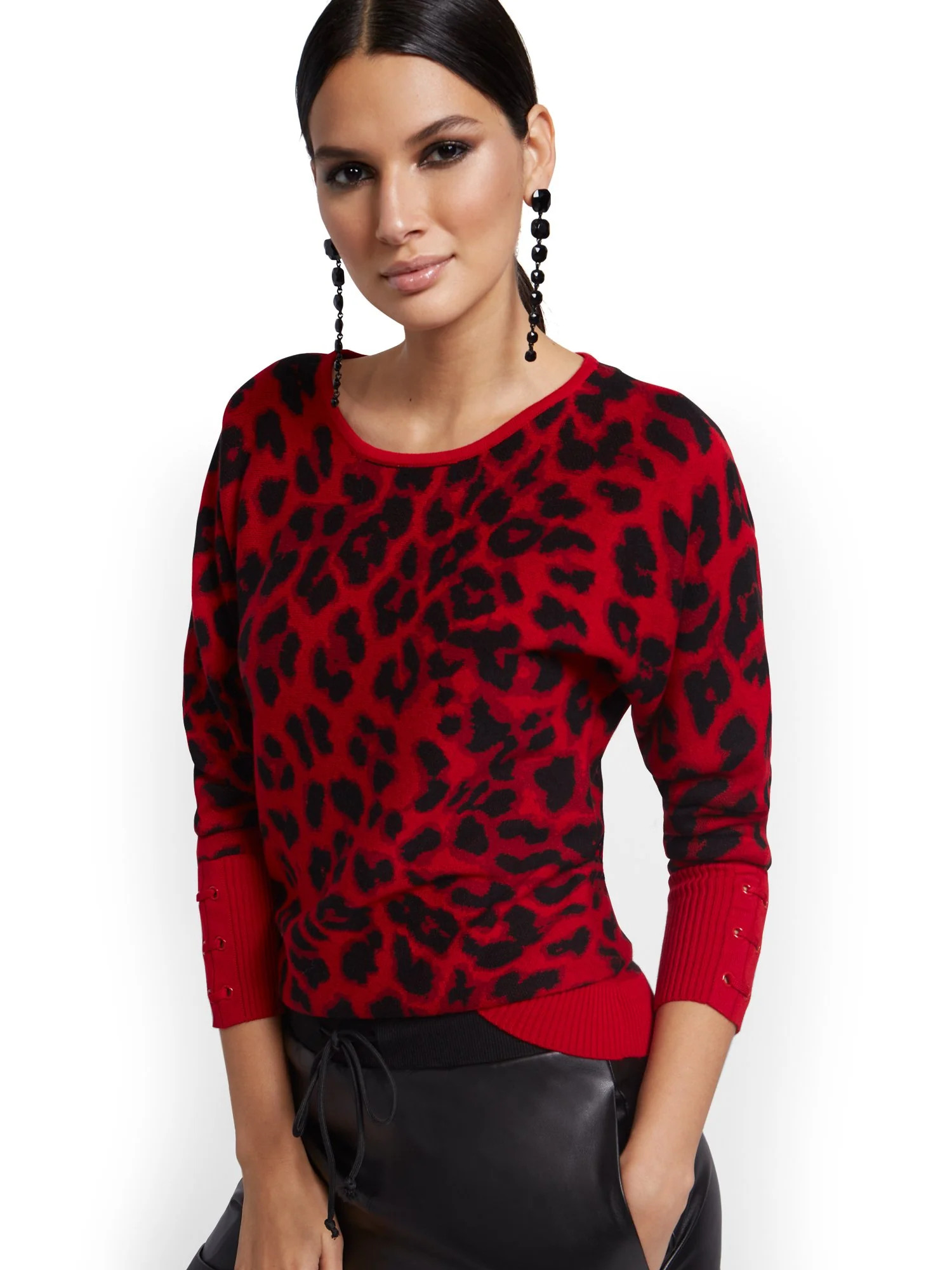 Leopard-Print Lace-Up Cuff Dolman Sweater - Image 2