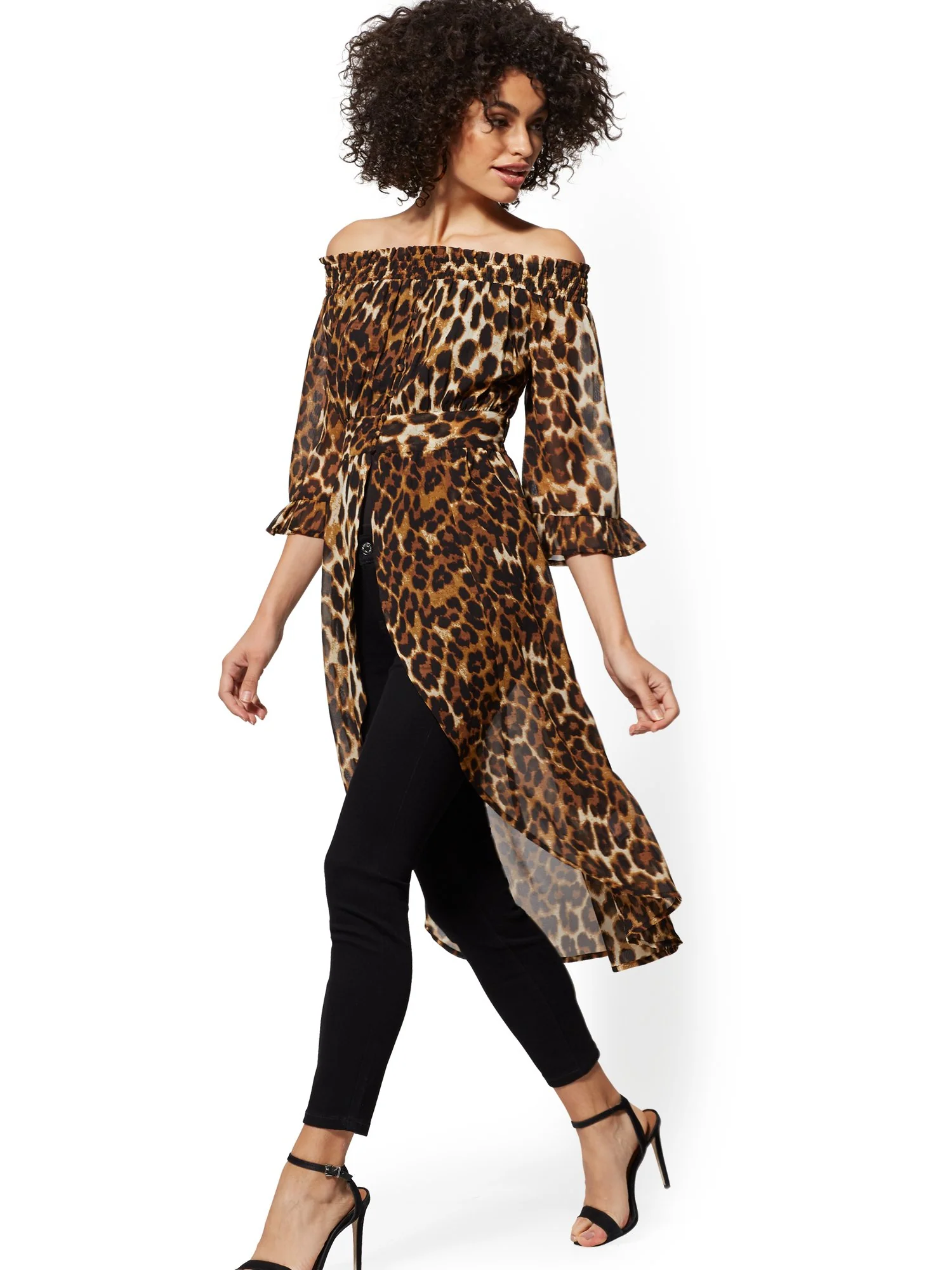 Leopard-Print Off-The-Shoulder Hi-Lo Blouse - Image 2