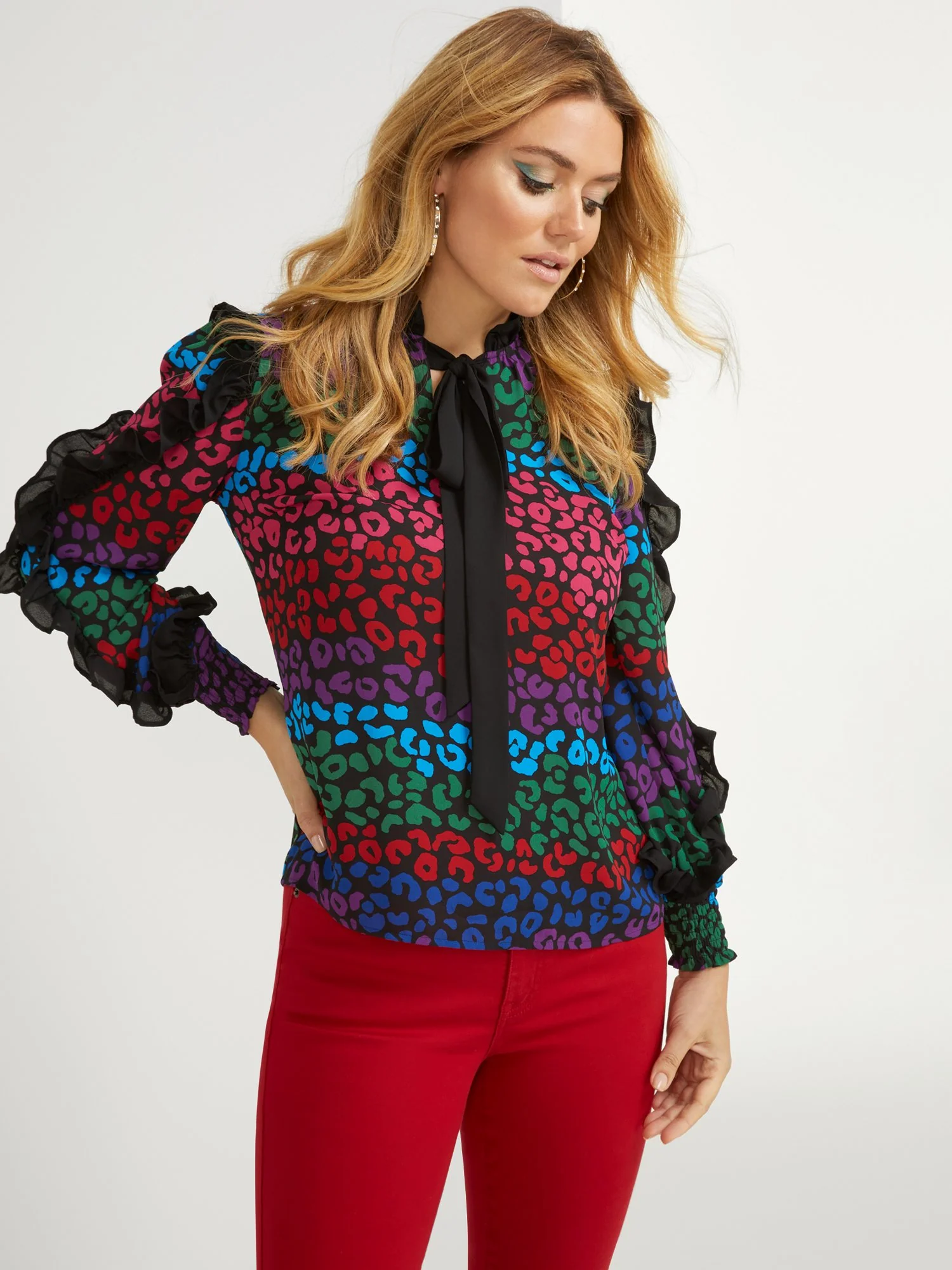 Leopard-Print Ruffle-Sleeve Blouse - Image 2