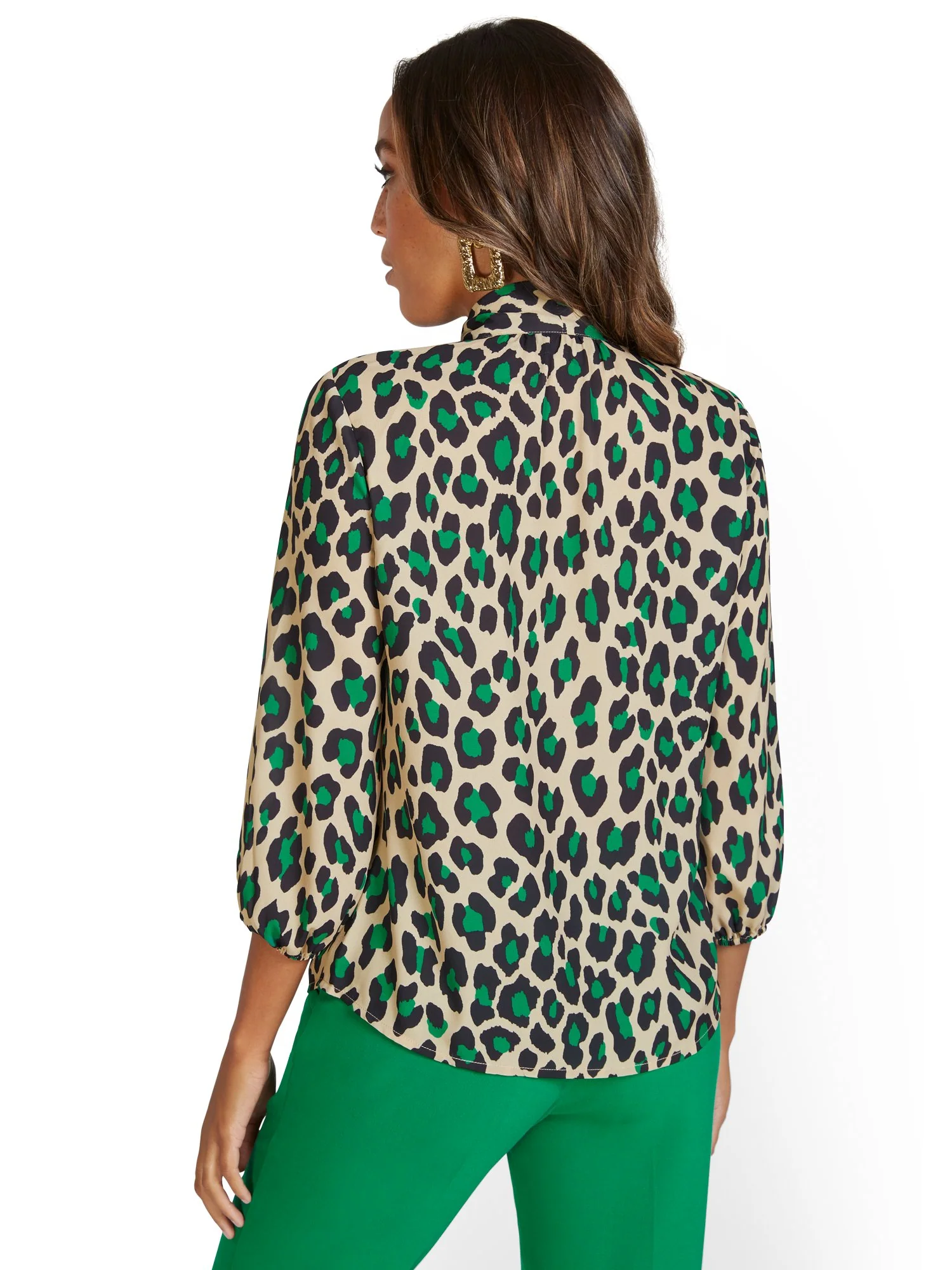 Leopard-Print Side-Button Bow Blouse - Image 3