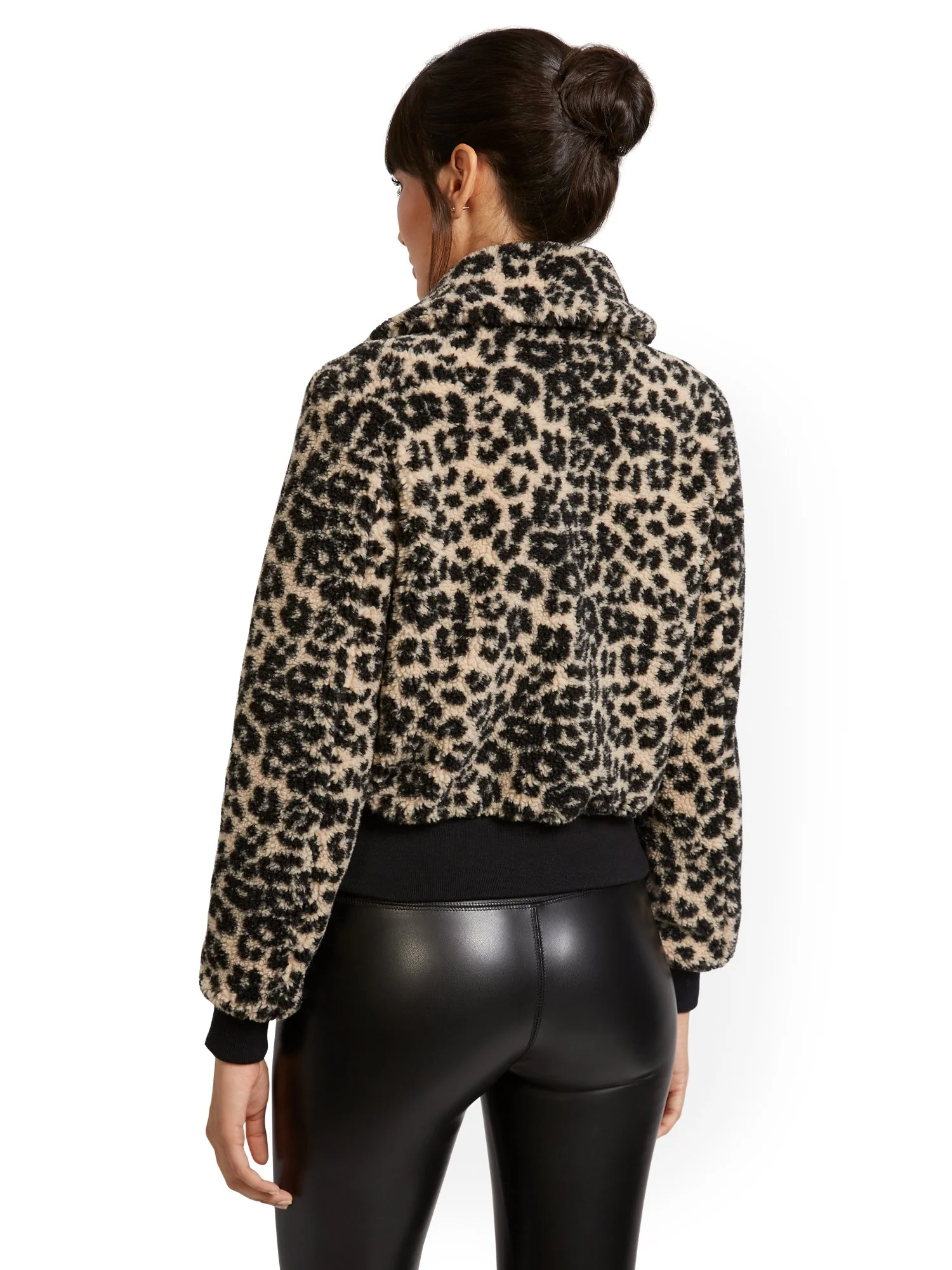 Leopard-Print Teddy Faux-Fur Bomber Jacket - Image 3