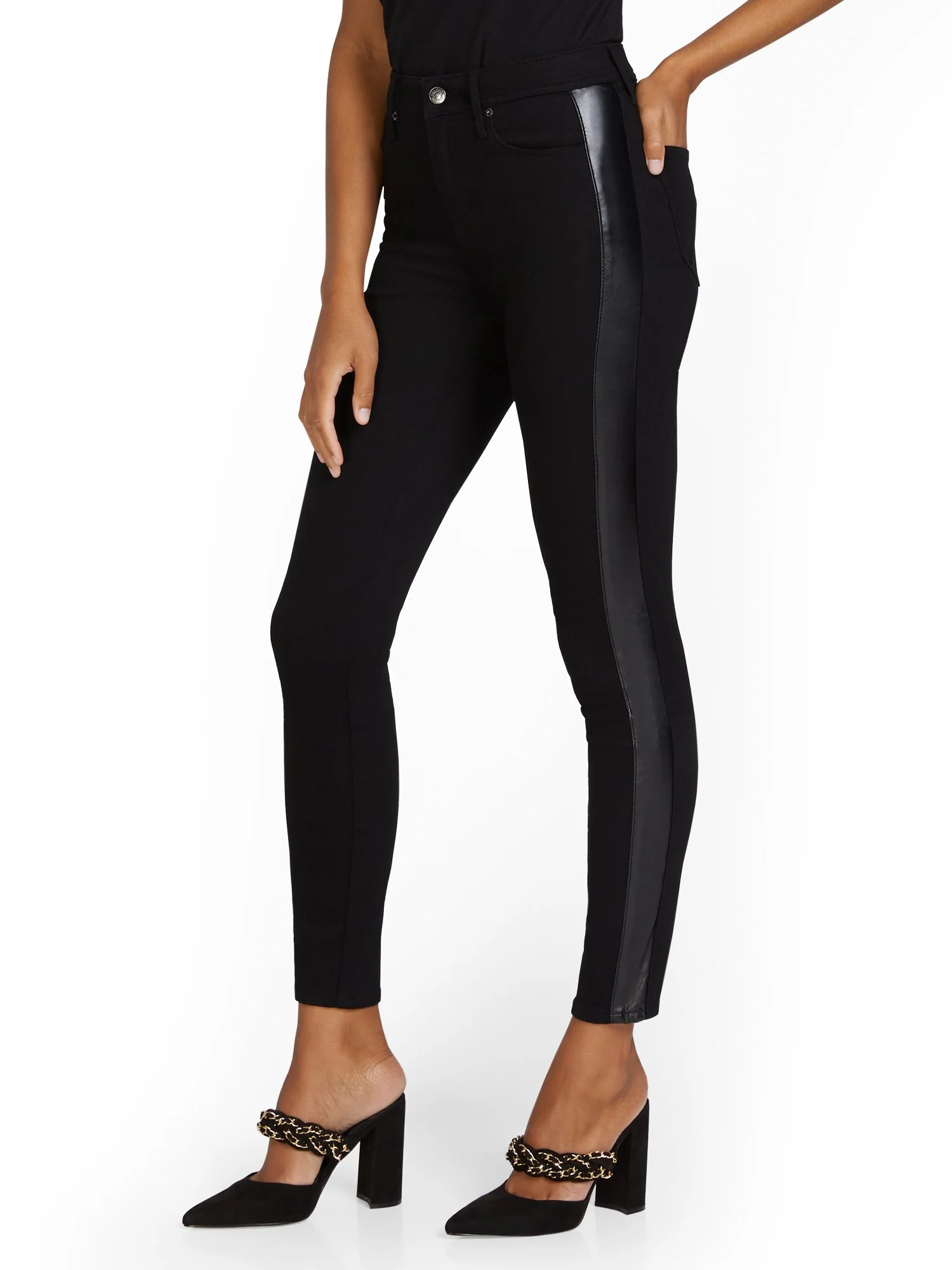 Lexi High-Waisted Super-Skinny Faux-Leather Panel Jeans - Black - Image 2