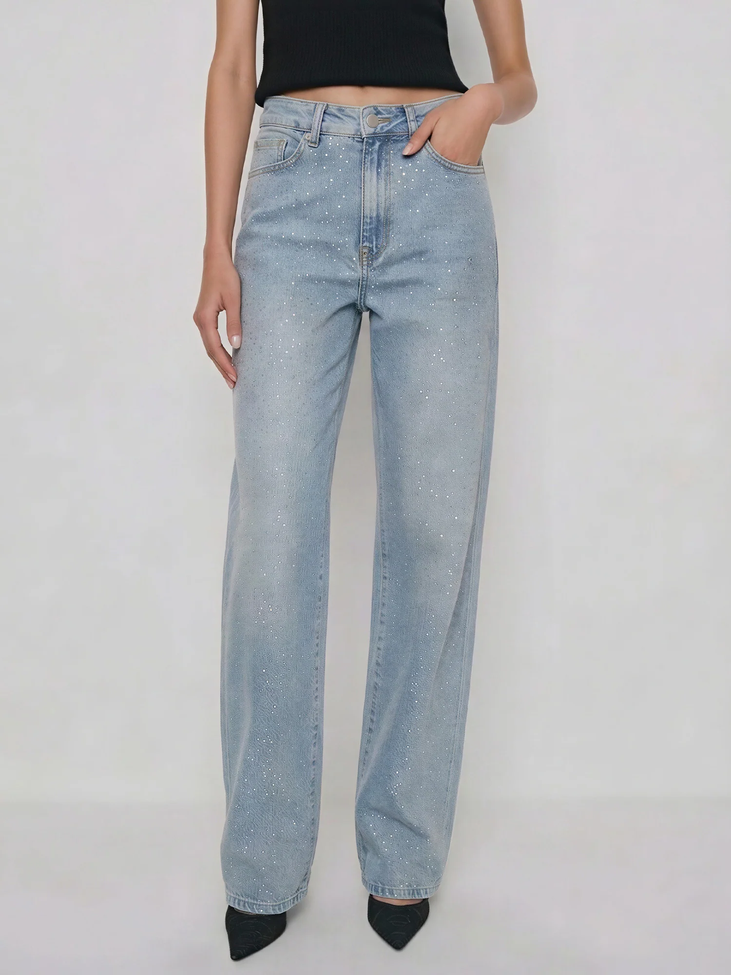 Light Wash Embellished Straight leg Denim - Image 2