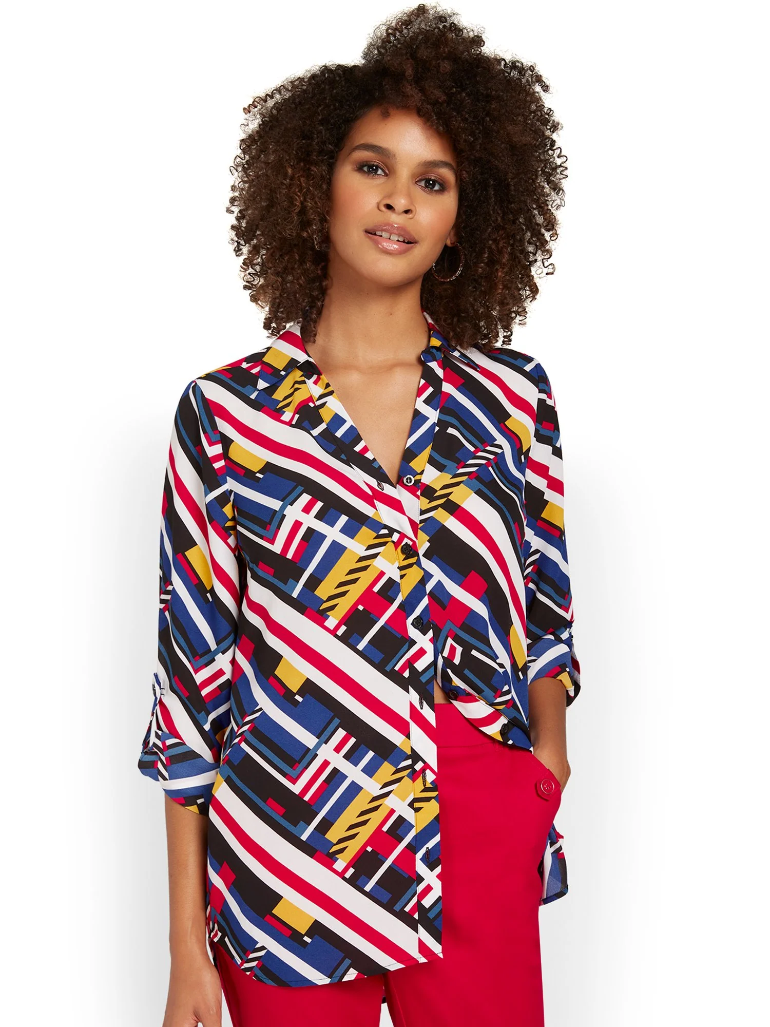 Linear-Print Button-Front Blouse