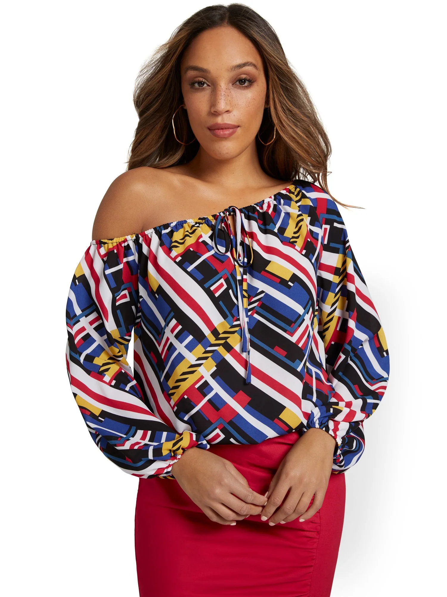Linear-Print Off-The-Shoulder Blouse - Image 2