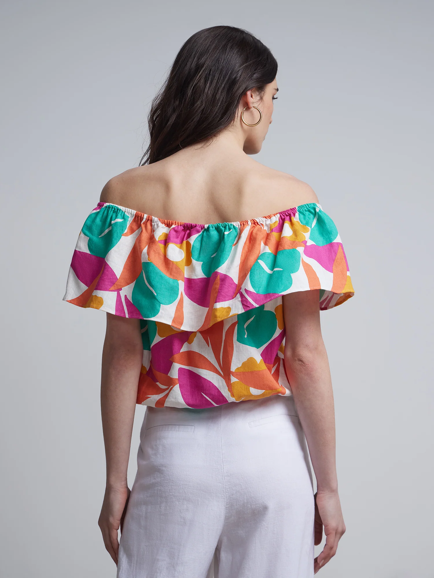 Linen-Blend Abstract-Print Off-The-Shoulder Top - Image 3