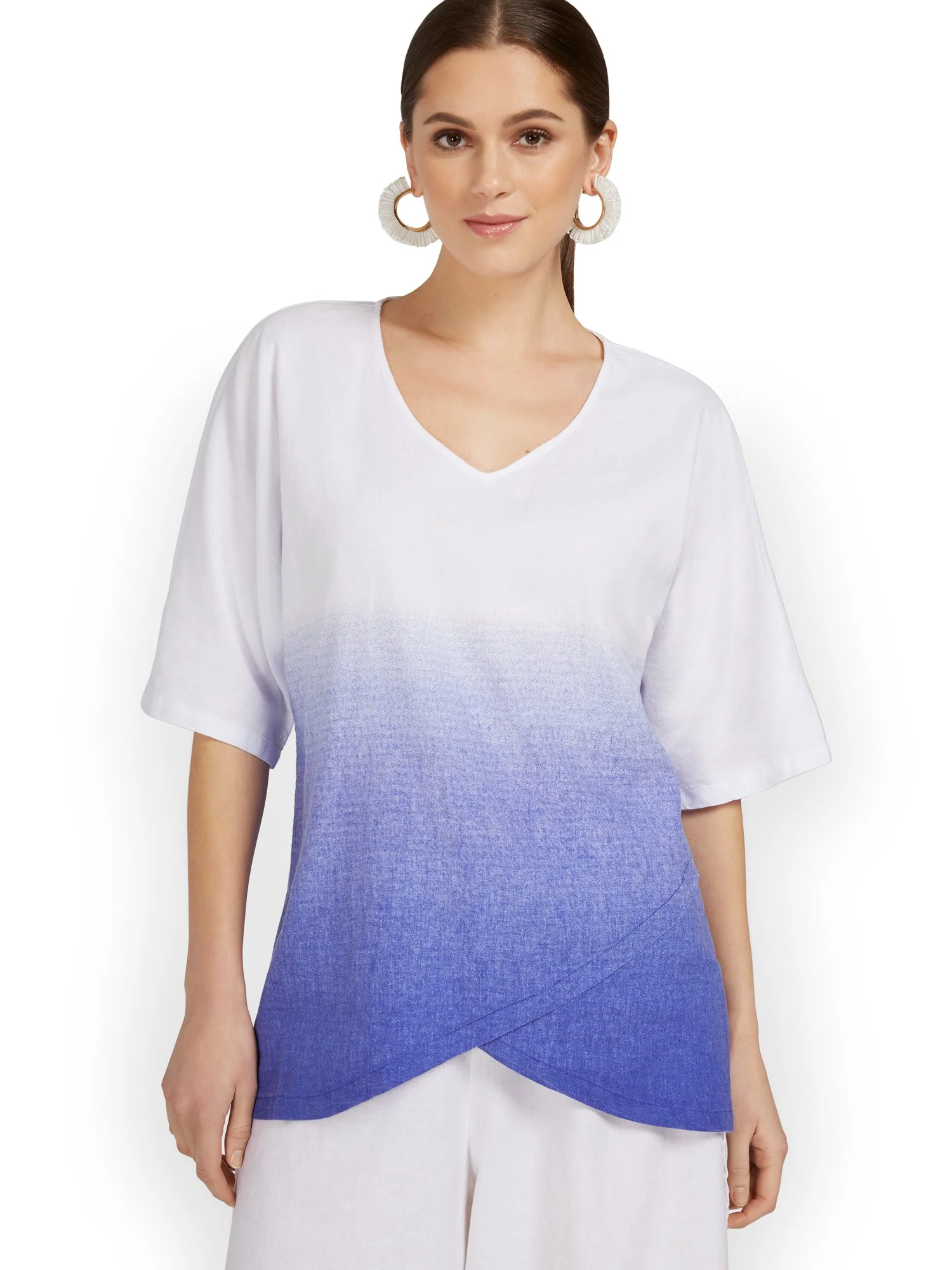 Linen-Blend Blue Wash Overlap Tunic Top - Image 2