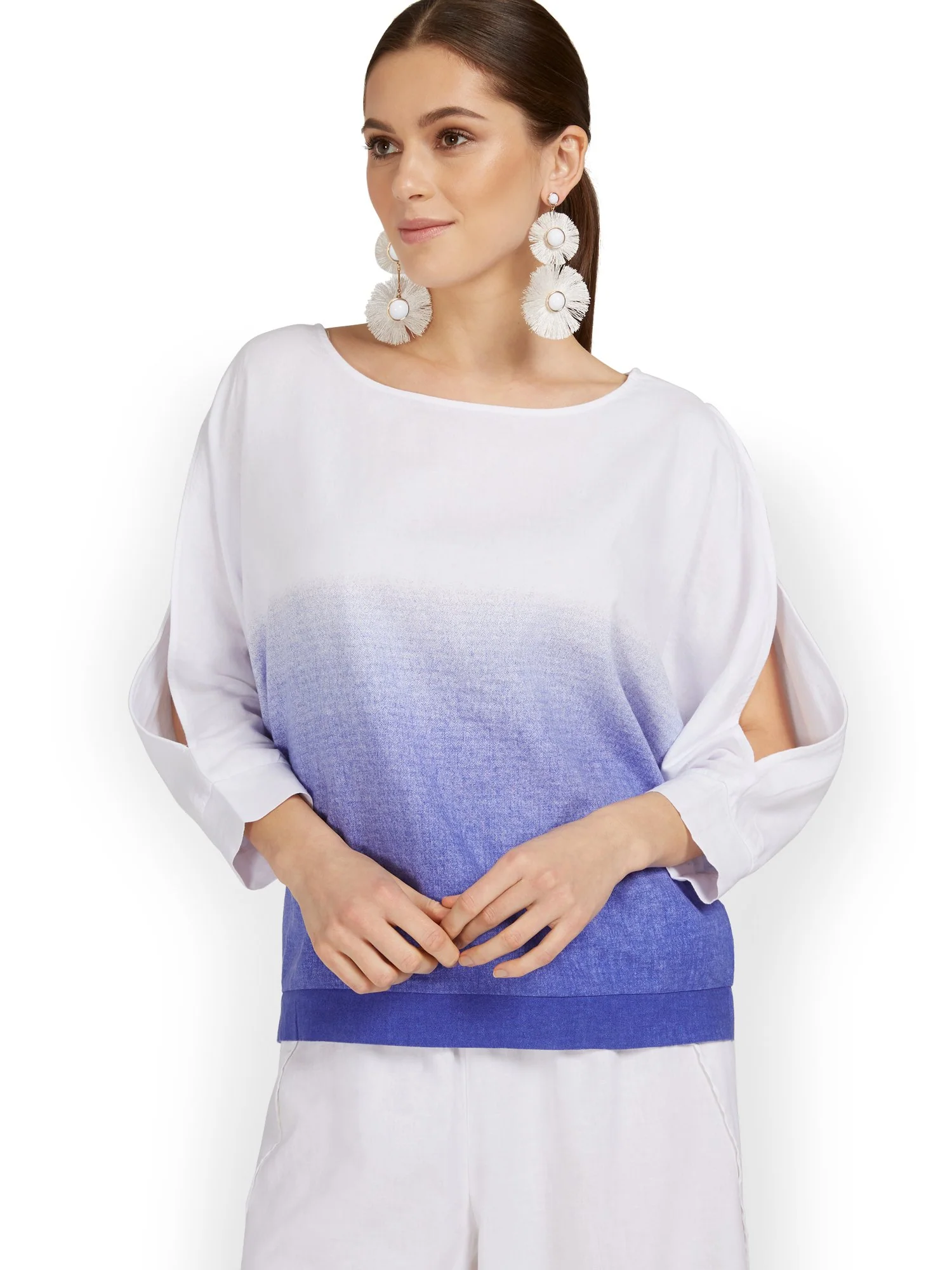 Linen-Blend Blue Wash Slit-Sleeve Top