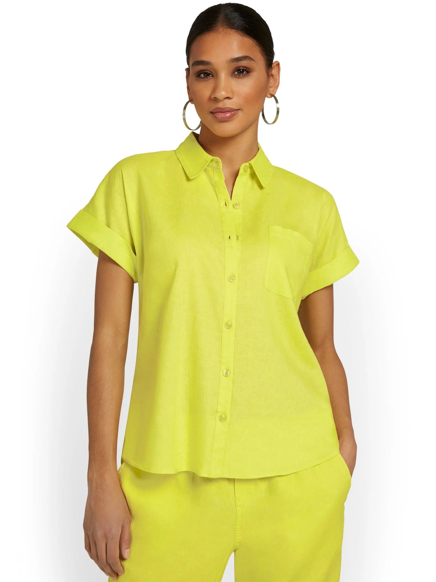 Linen-Blend Button-Front Short-Sleeve Top - Image 7