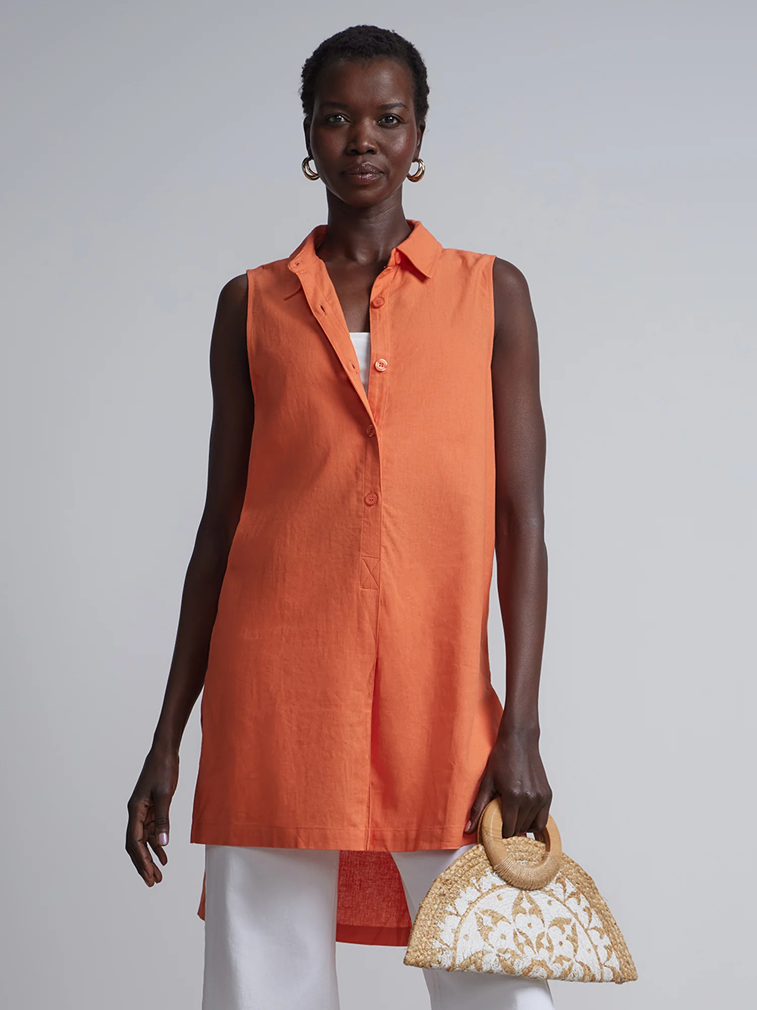 Linen-Blend Button-Front Slit-Side Tunic Top - Image 11