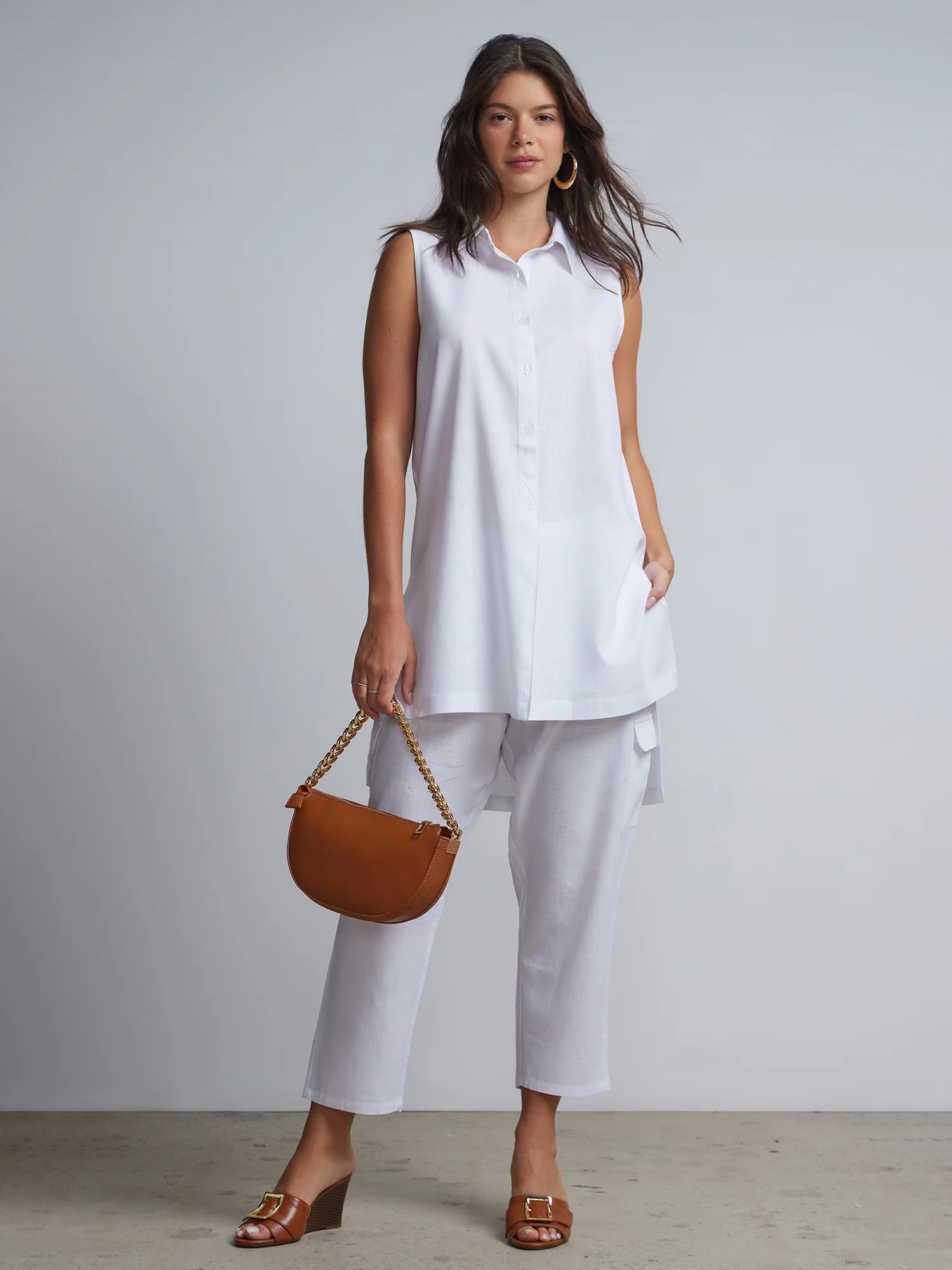 Linen-Blend Button-Front Slit-Side Tunic Top - Image 2