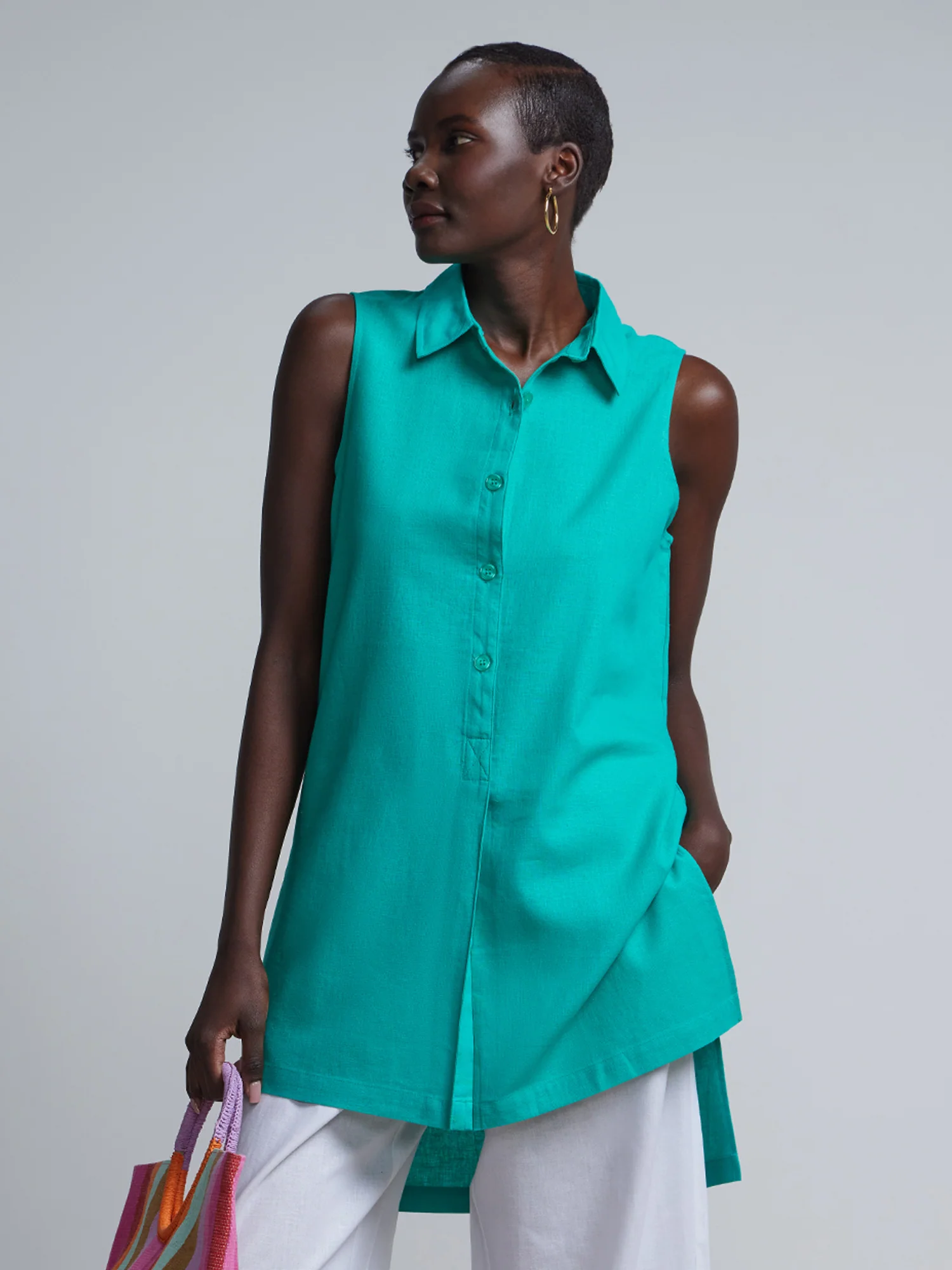 Linen-Blend Button-Front Slit-Side Tunic Top - Image 6