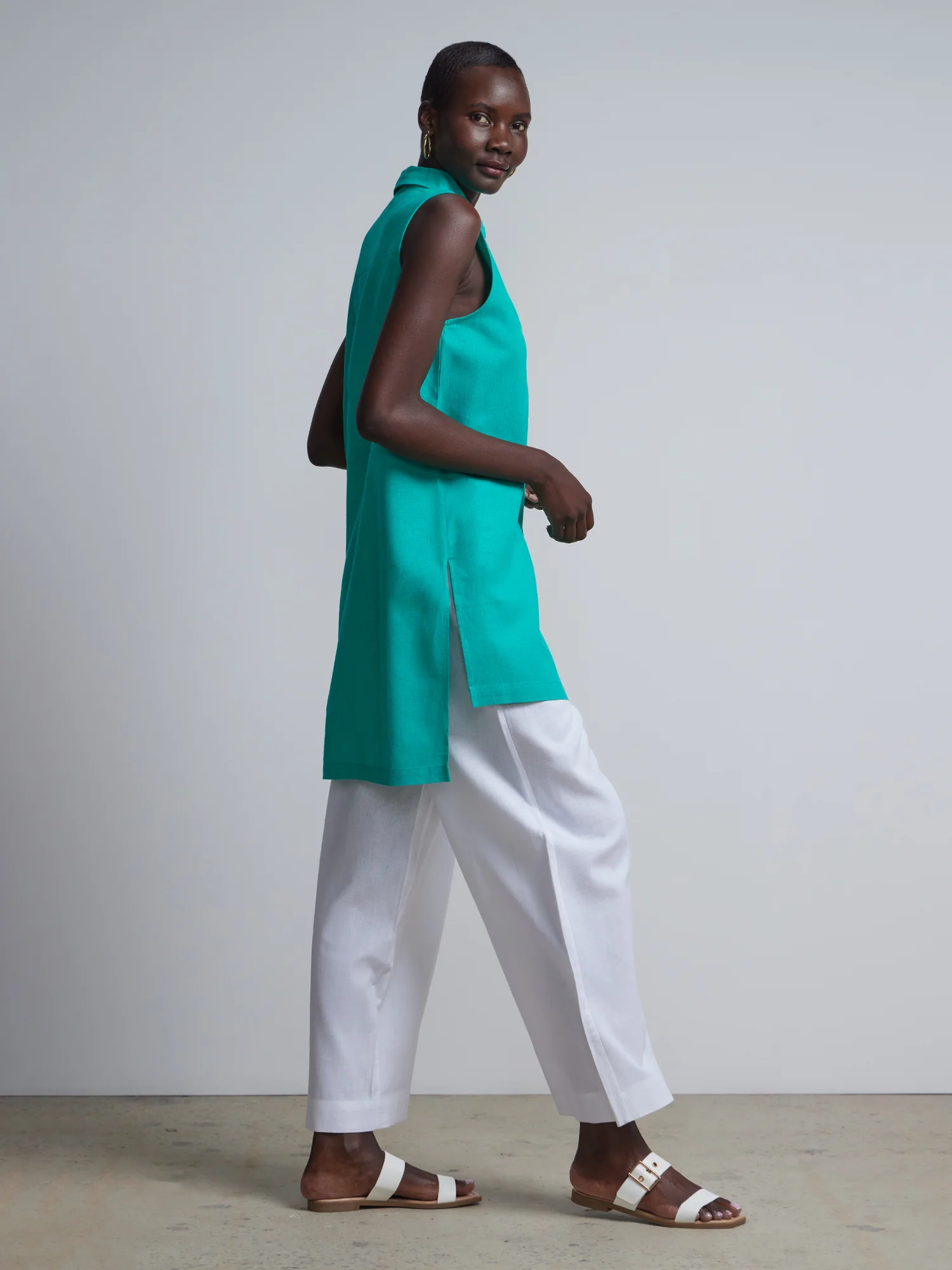 Linen-Blend Button-Front Slit-Side Tunic Top - Image 8