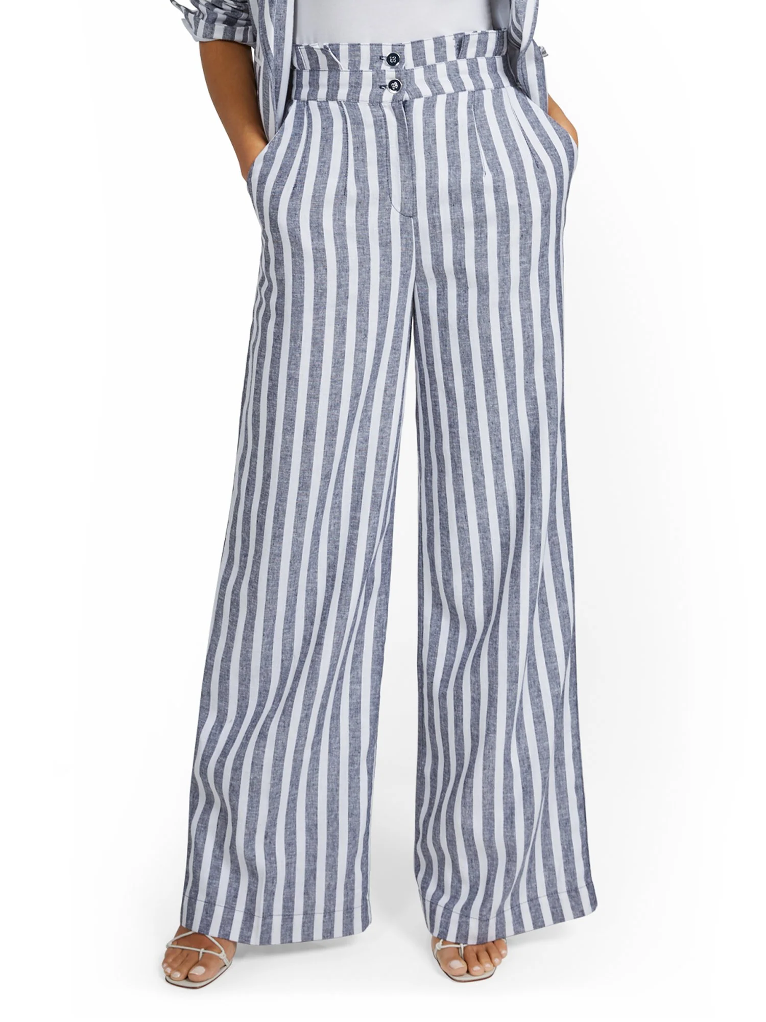 Linen-Blend Nautical Stripe Paperbag Wide-Leg Pant - Image 2