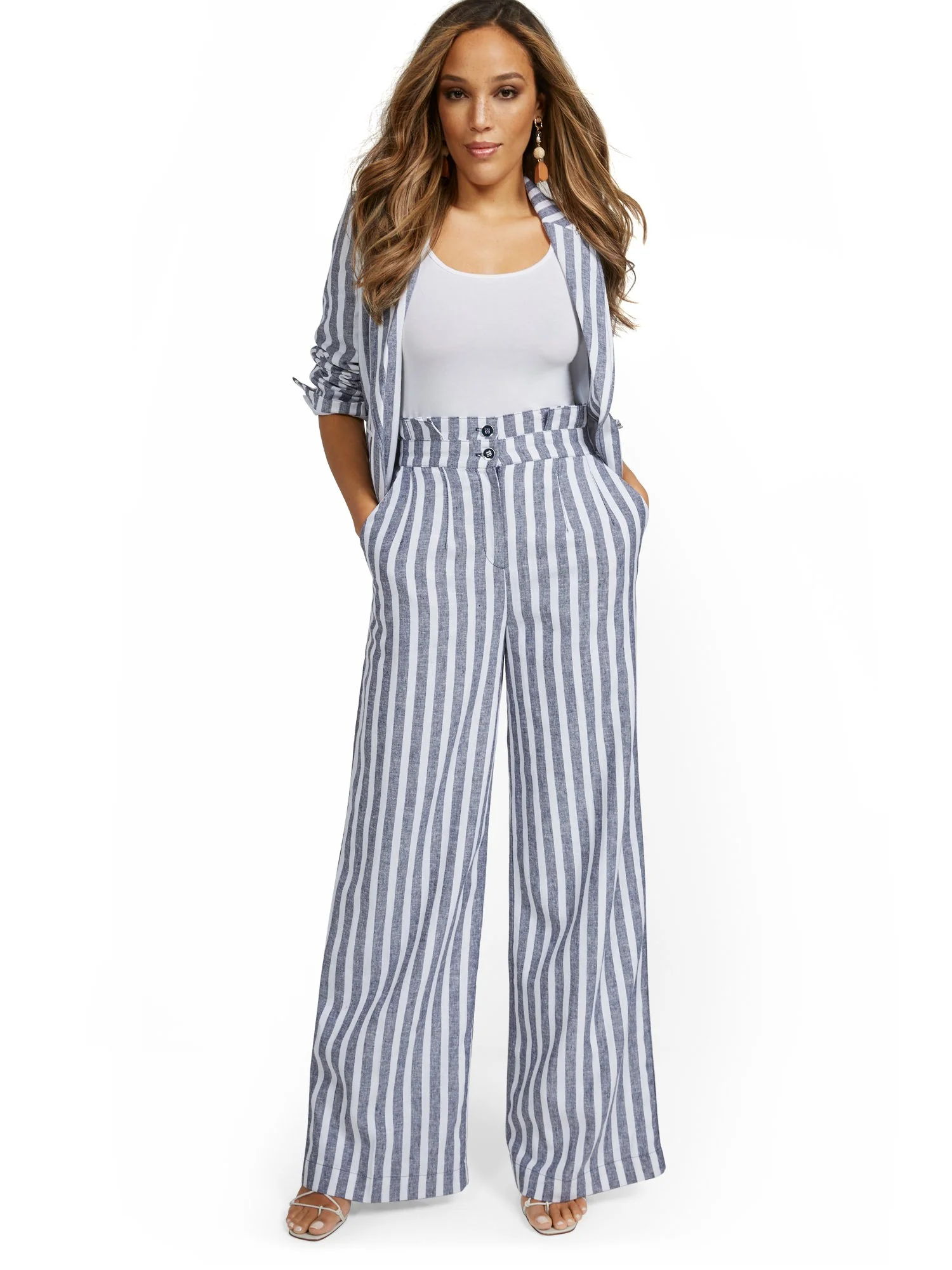 Linen-Blend Nautical Stripe Paperbag Wide-Leg Pant - Image 4