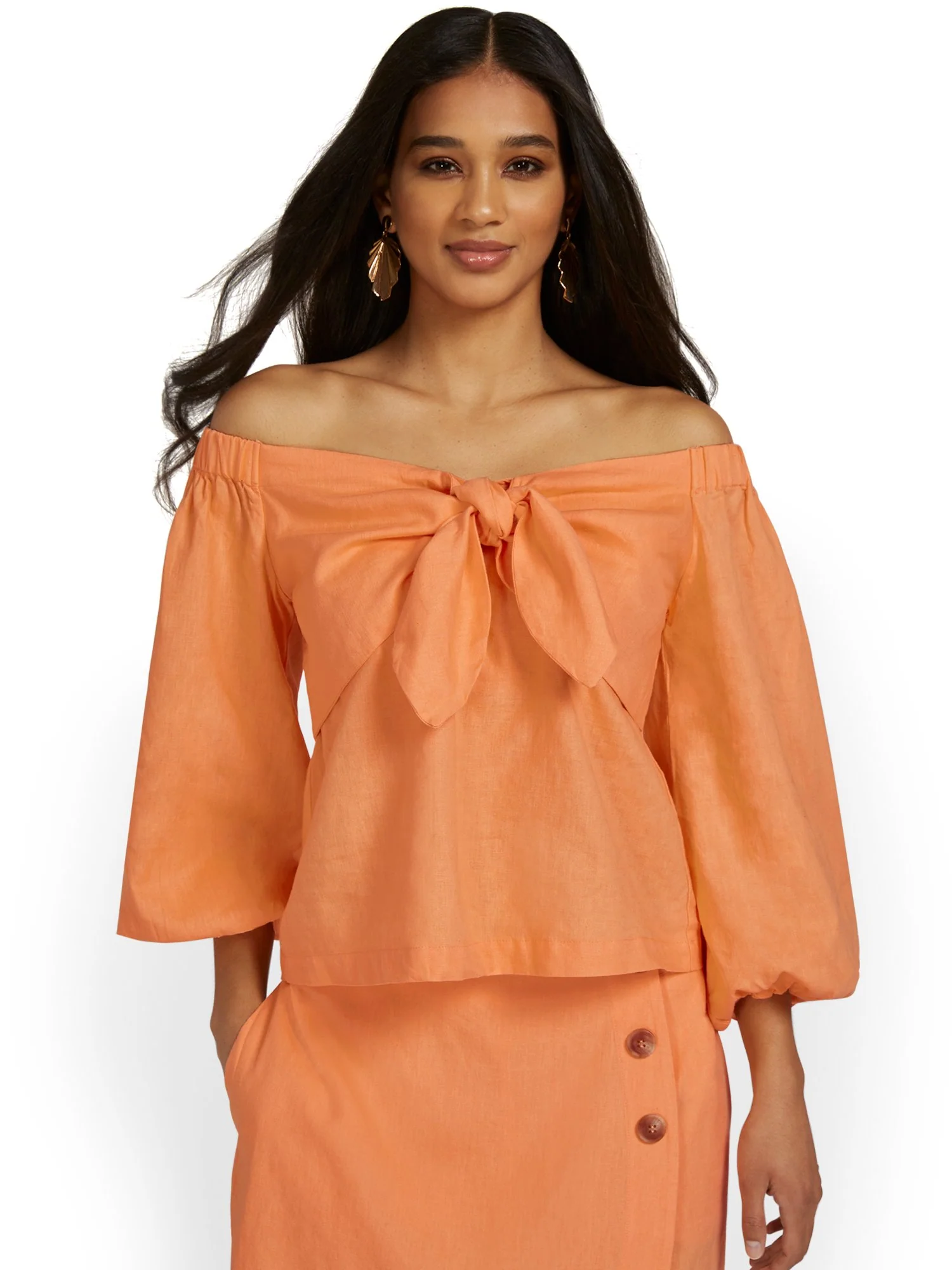 Linen-Blend Off-The-Shoulder Bow-Front Top - Image 2