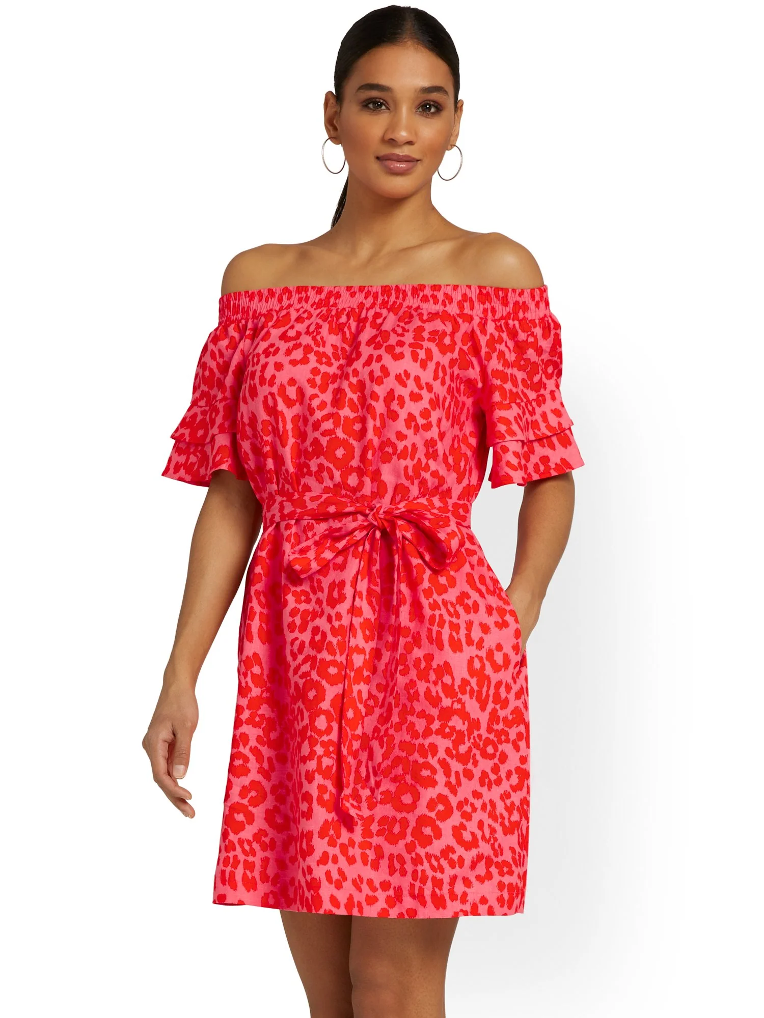 Linen-Blend Off-The-Shoulder Dress - Leopard-Print