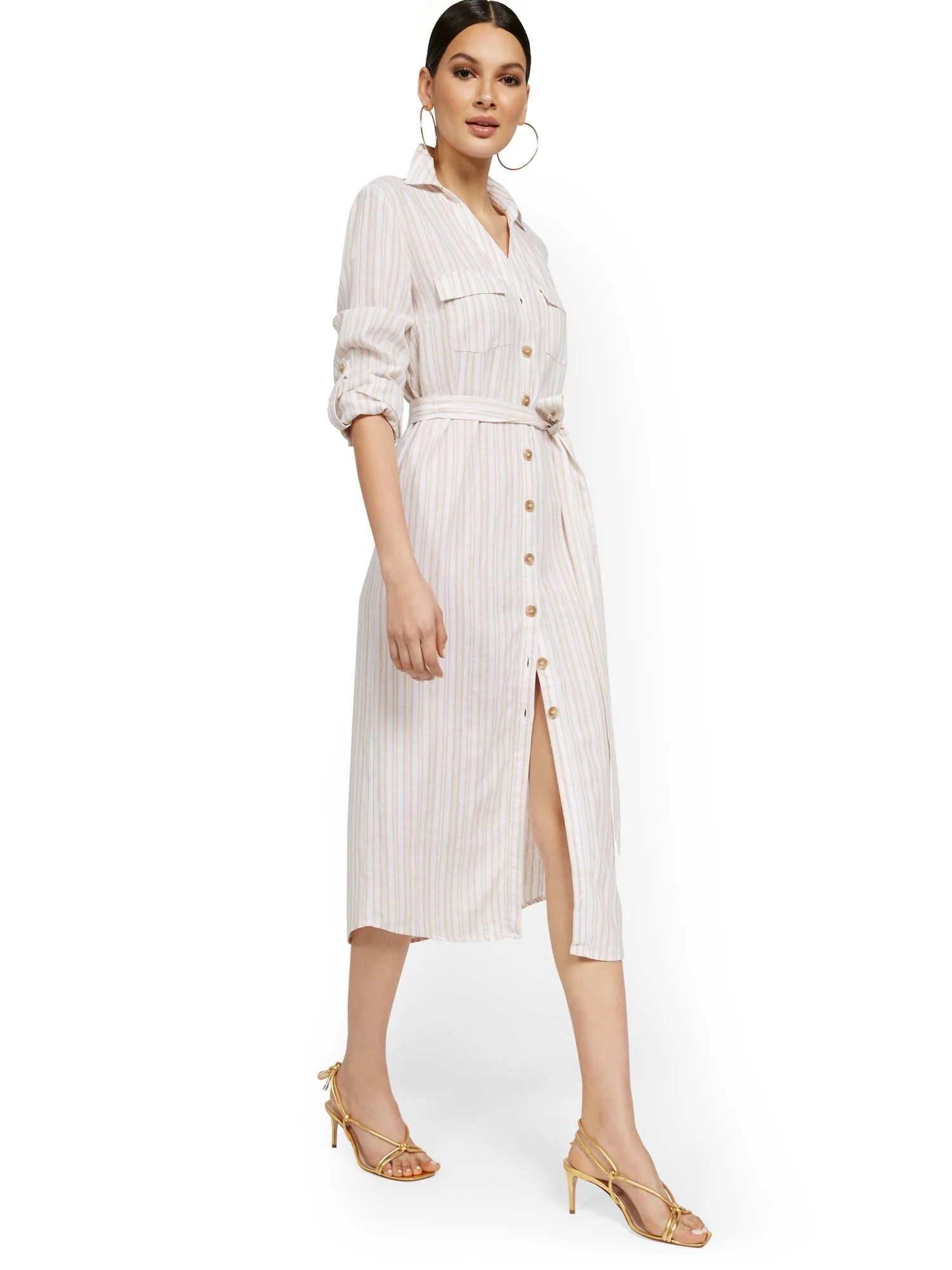 Linen-Blend Stripe Midi Shirtdress