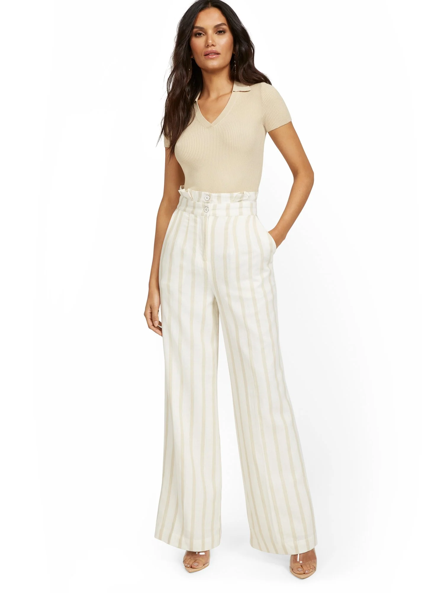 Linen-Blend Stripe Paperbag Wide-Leg Pant - Image 4