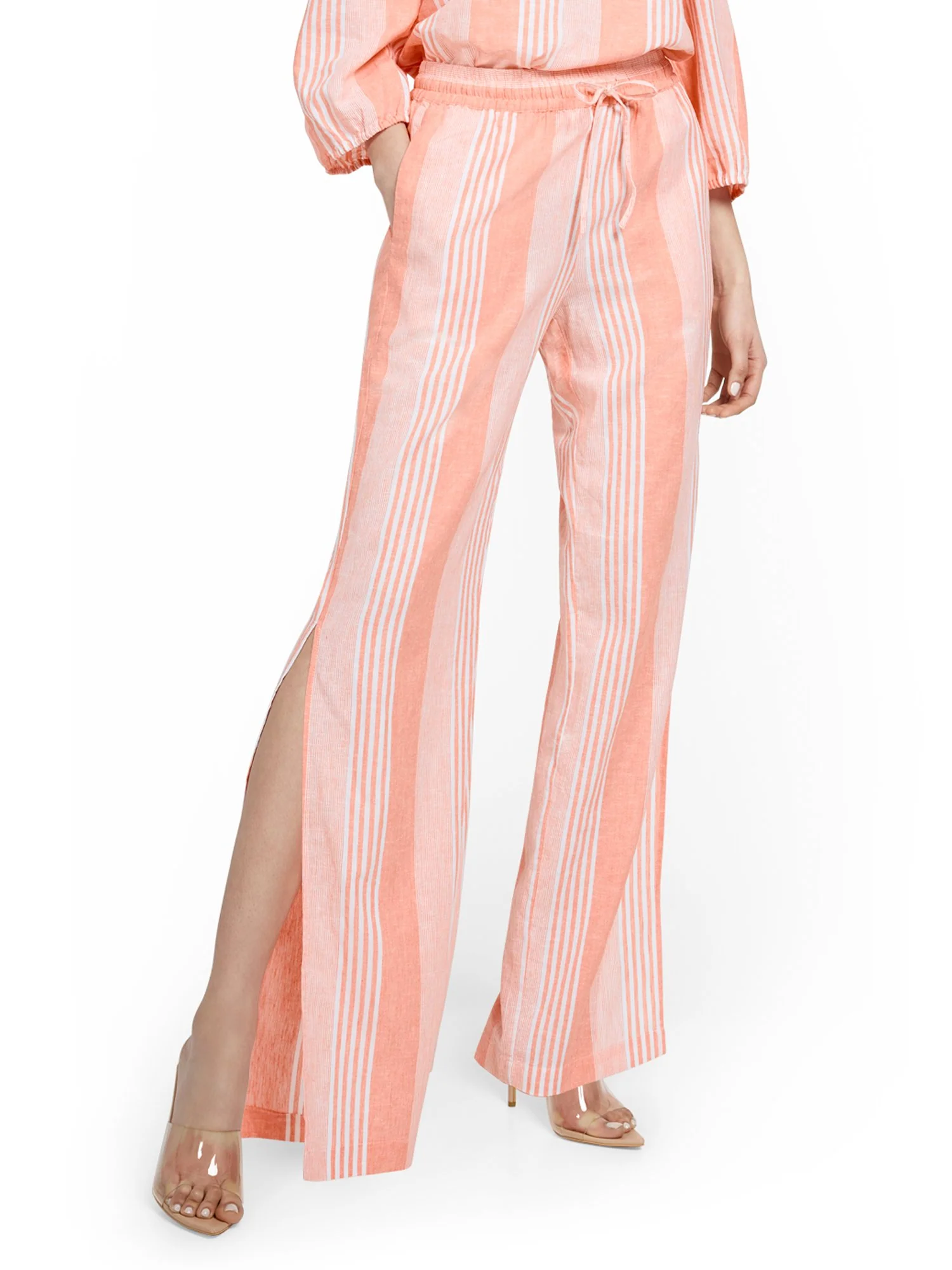 Linen-Blend Striped High-Waisted Slit-Hem Wide-Leg Pant - Image 2
