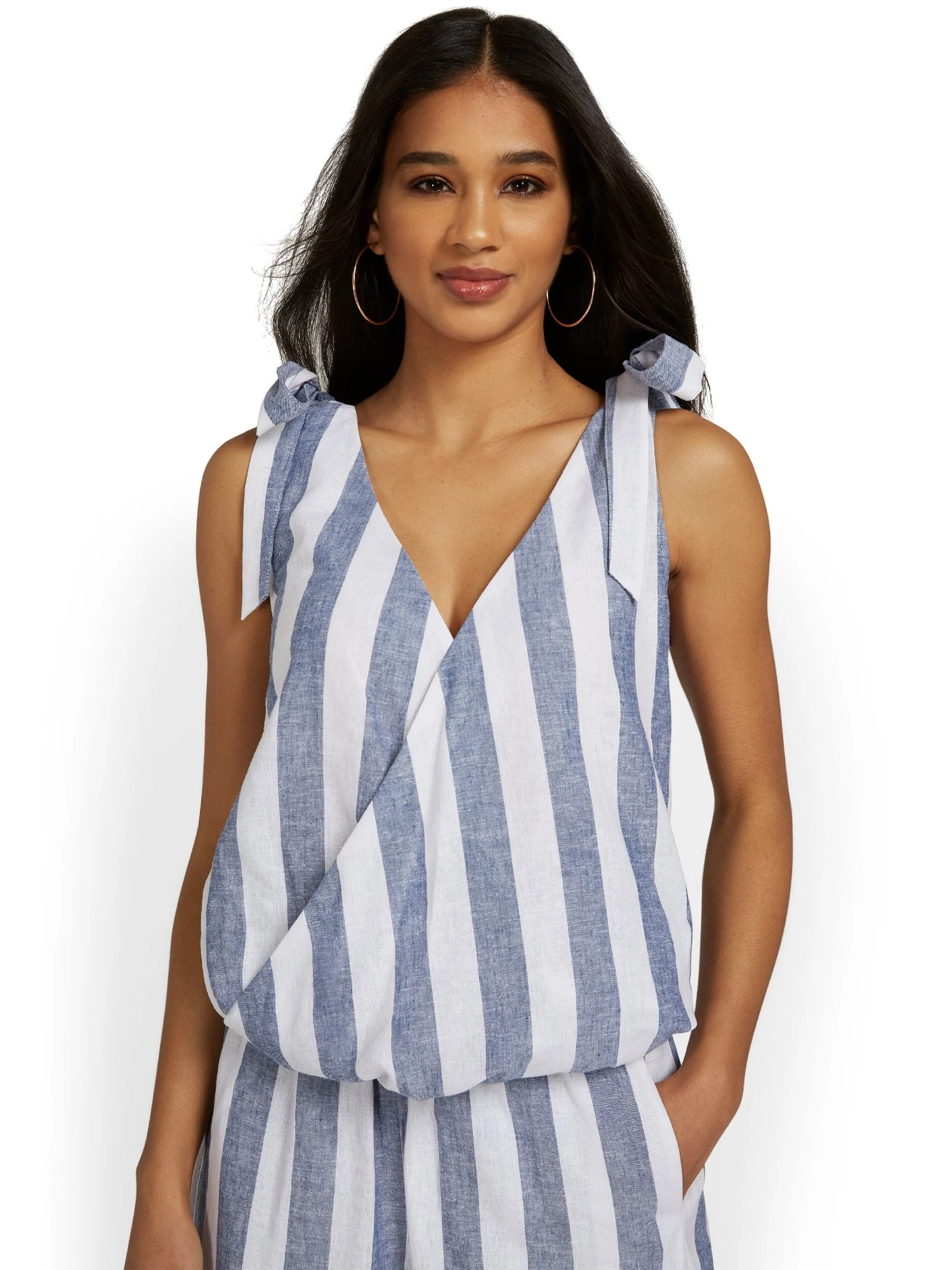 Linen-Blend Striped Tie-Shoulder V-Neck Top - Image 2